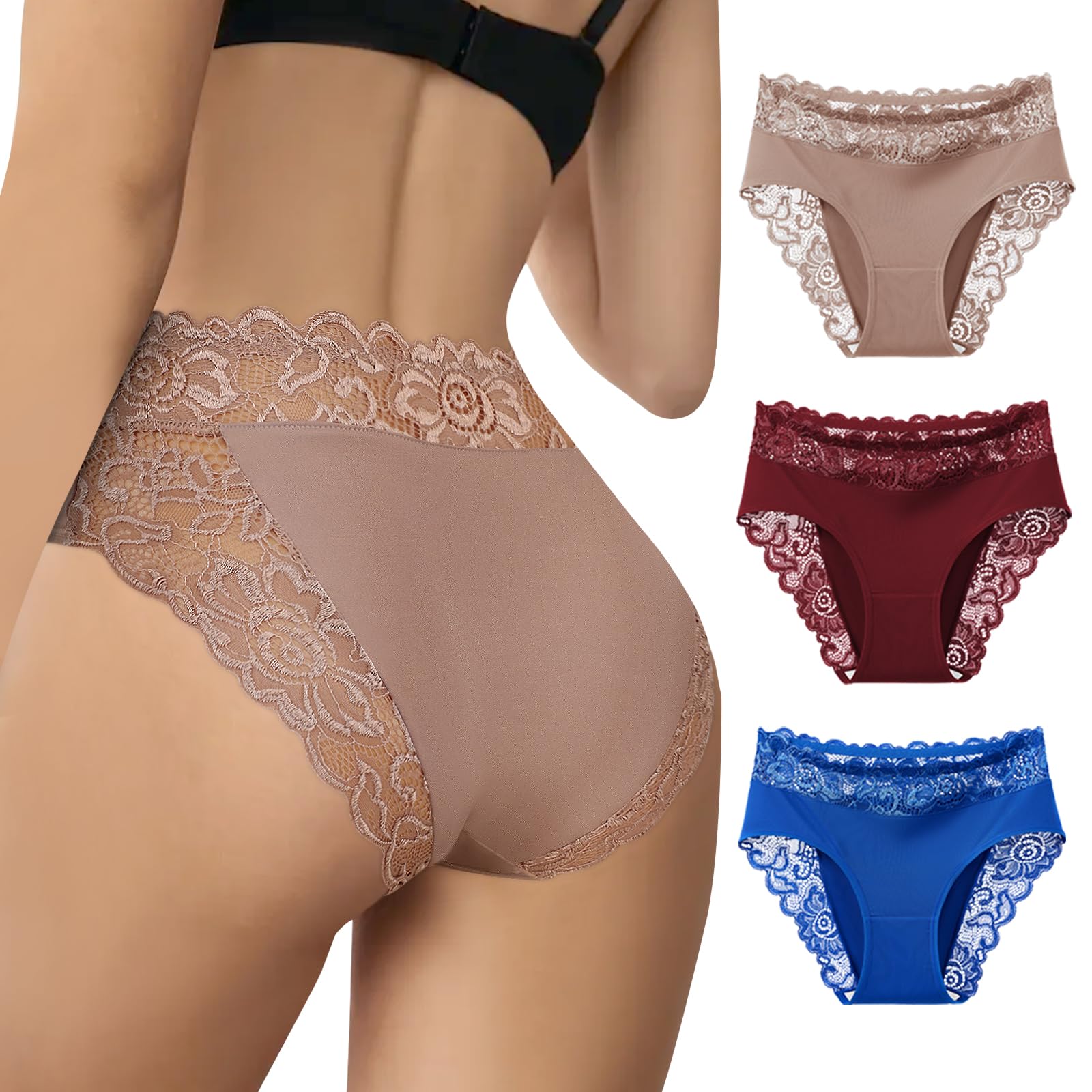 Women's Lace Wasit Underwear Cheeky Bikini Panties Stretch Soft Breathable Hipster Brief For Ladies 3 Pack