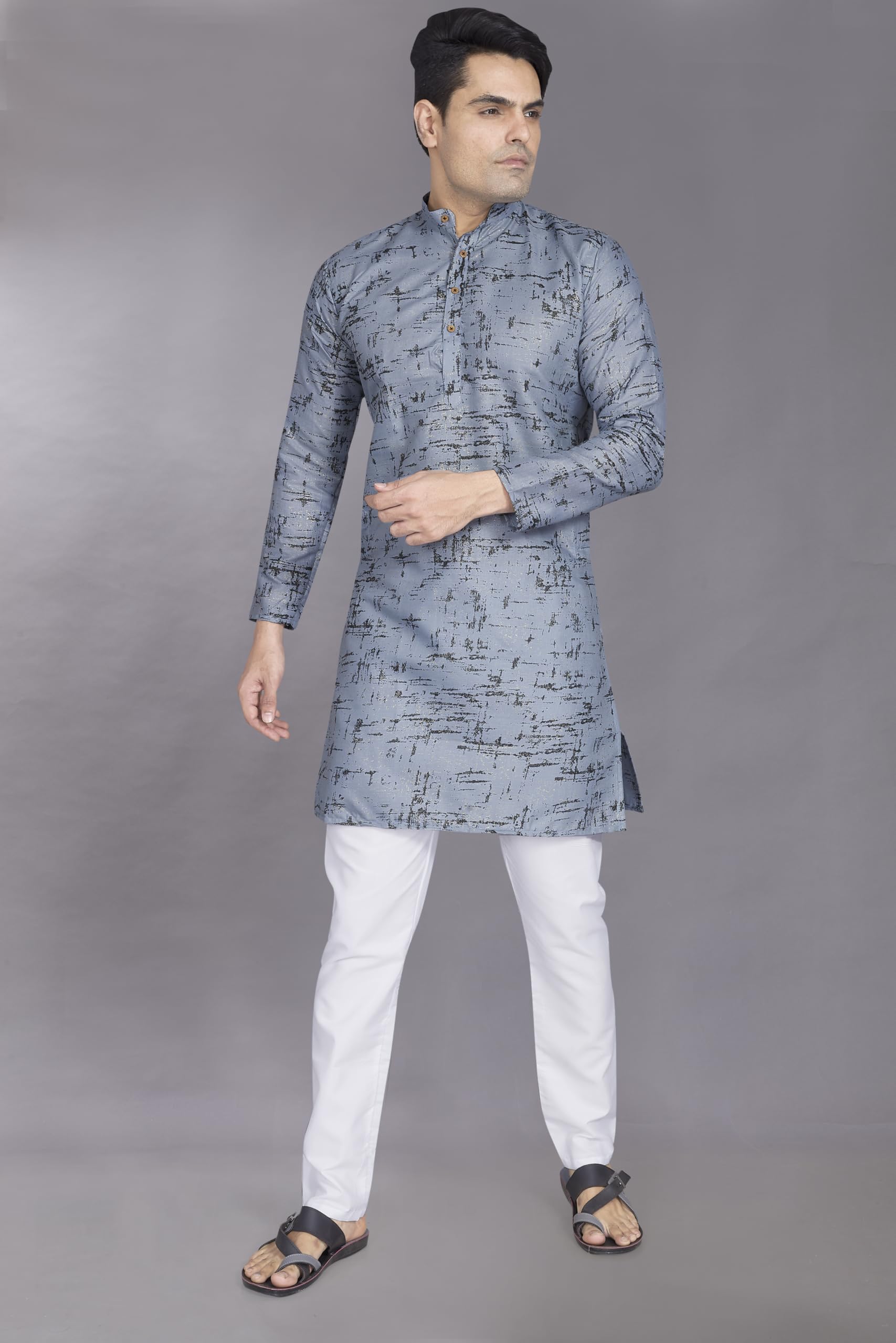 Divisive Men's Printed Cotton Blend Linen Slim Fit Kurta Pyjama Set (Dkrt873_M_Grey)