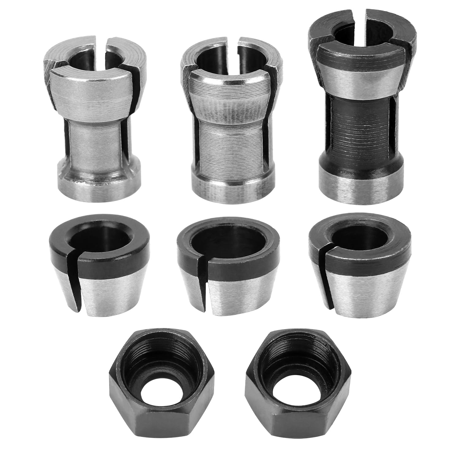 QWORK® 6 pezzi mandrini per pinze per router, acciaio al carbonio, adattatori elettrici per router per macchine per la lavorazione del legno e per l'incisione, 6 mm 6.35 mm 8 mm con 2 dadi