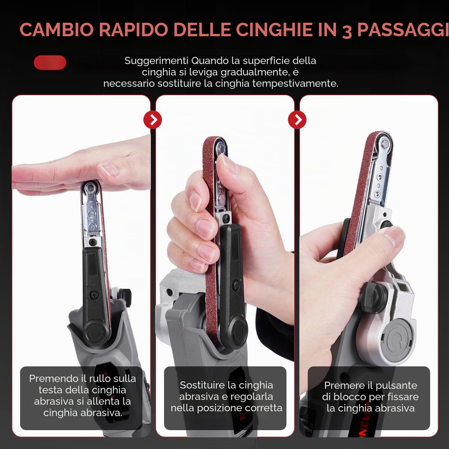 ONEVAN levigatrice a nastro senza fili, lima elettrica con 2 batterie da 2000 mAh, 6 velocità, regolabile a 35°, smerigliatrice a nastro a batteria per legno, metallo, incl. 3 nastri abrasivi
