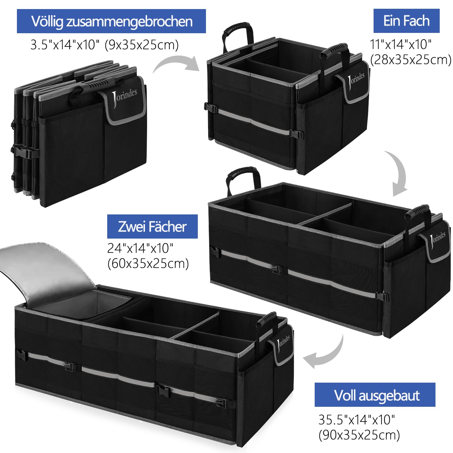 Jorindes Kofferraum Organizer, Kofferraumtasche mit Kühltasche, Auto Organizer Kofferraum Zusammenklappbarer 3 Extra Große Fächer 5IN1 Auto Aufbewahrungsbox - Verstellbare Sicherungsriemen