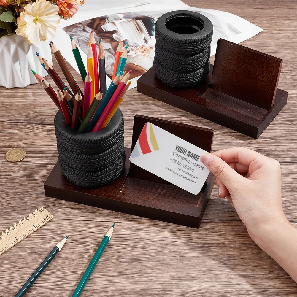 NBEADS 2 Pcs Tire Pen Holder Business Card Holder, Tire Shape Stationery Set Automotive Desk Accessories for Tire Shop Office Mechanics Gifts Car Lovers, Saddle Brown - Image 3