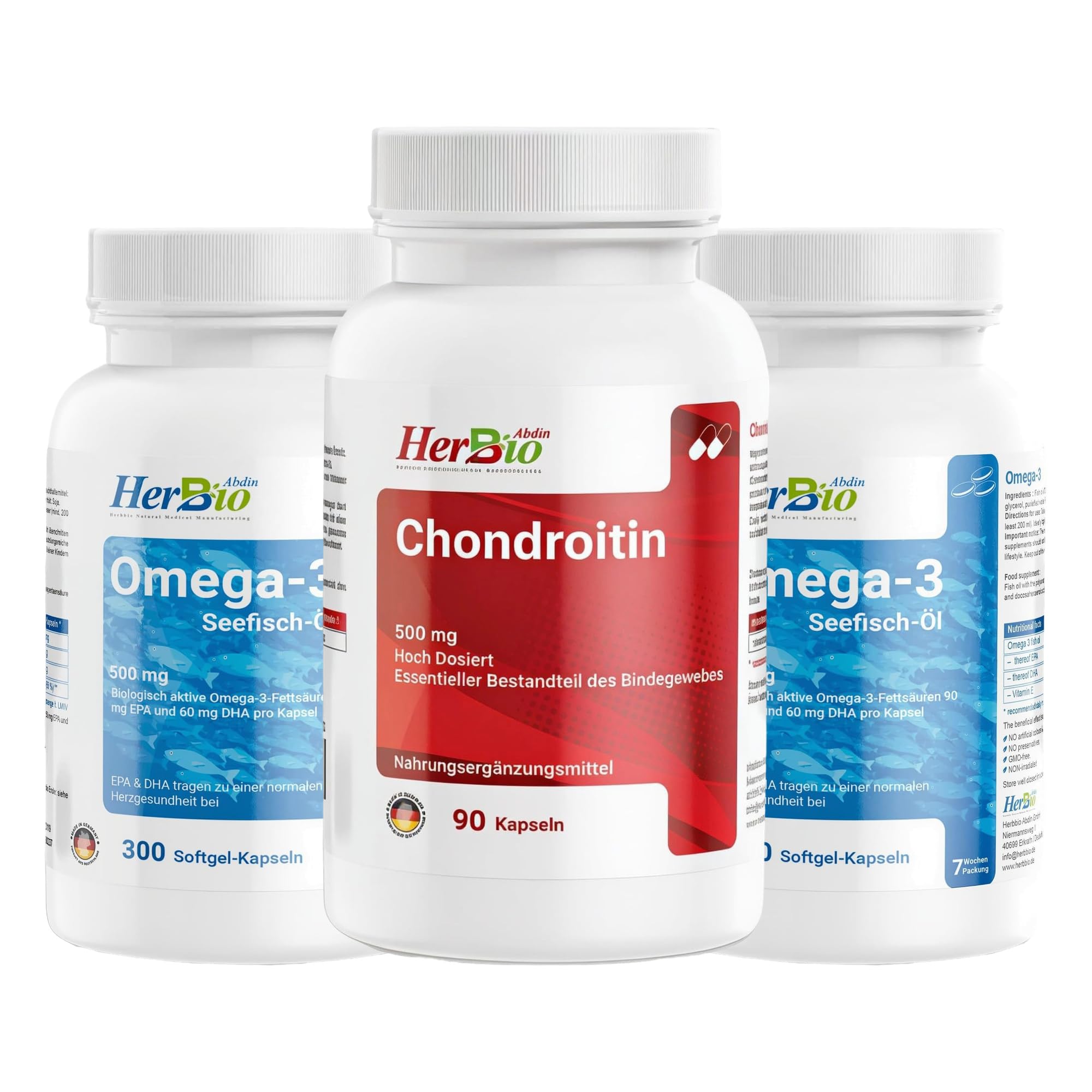 HerbBio Kombi-Set Chondroitin 500 mg und Omega 3 Seefischöl, drei Dosen