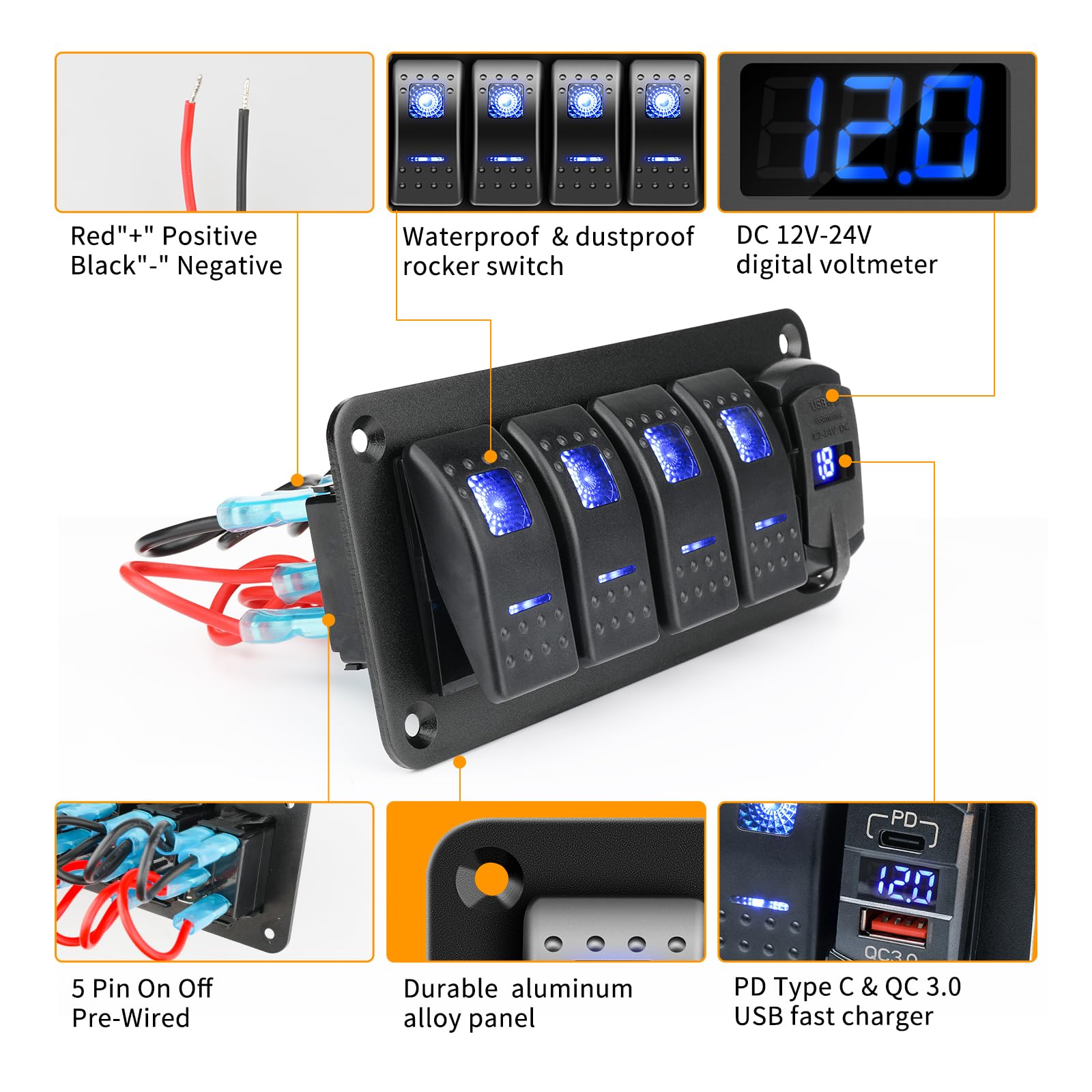 RVZONE 4-biegowy wodoszczelny panel przełącznika kołyskowego IP68, DC 12-24 V, cyfrowy woltomierz LED + podwójne USB (QC 3.0 i typ C), szybkie ładowanie, wstępnie okablowany panel przełącznika