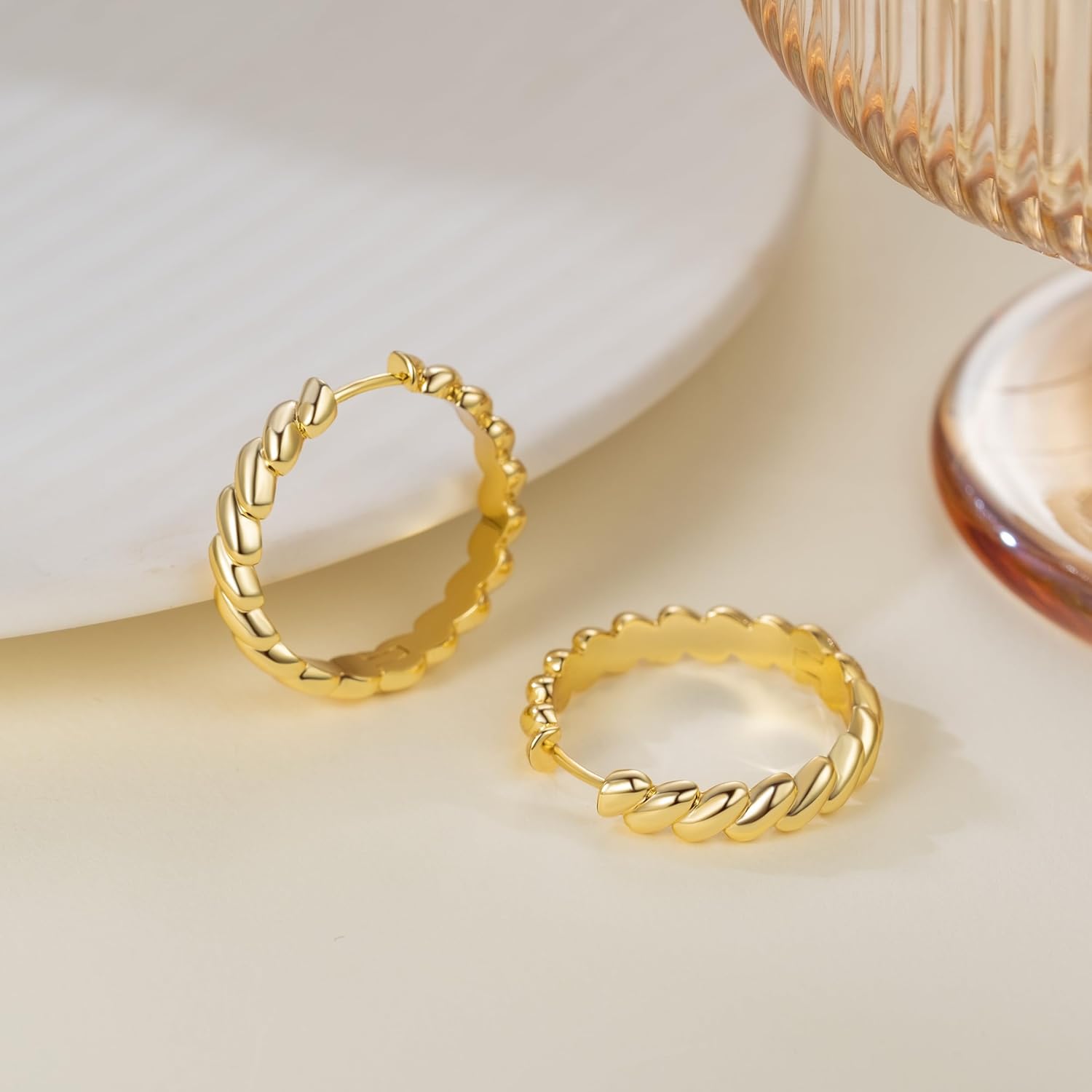 14K Gold Earrings for Women Gold Hoop Earrings for Women Dainty Gold Hoops Earring for Womens Minimalist Round-edge Twisted Texture Hoops Earring for Womens - Image 7