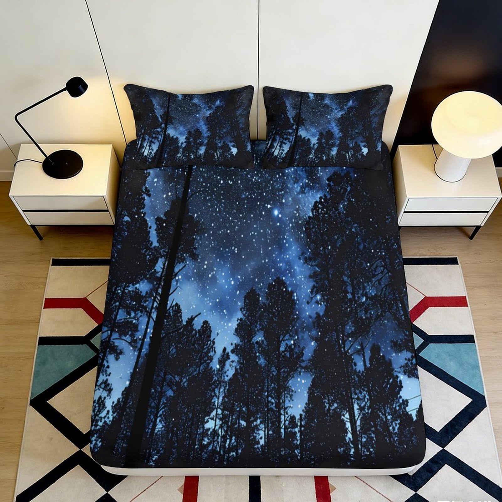 Uxinyoume Style-5 3D Printed Starry Night Forest Fitted Sheet Microfiber Soft Breathable Moonlight Sky Mattress Cover For Bedroom Decor 90X200x25cm