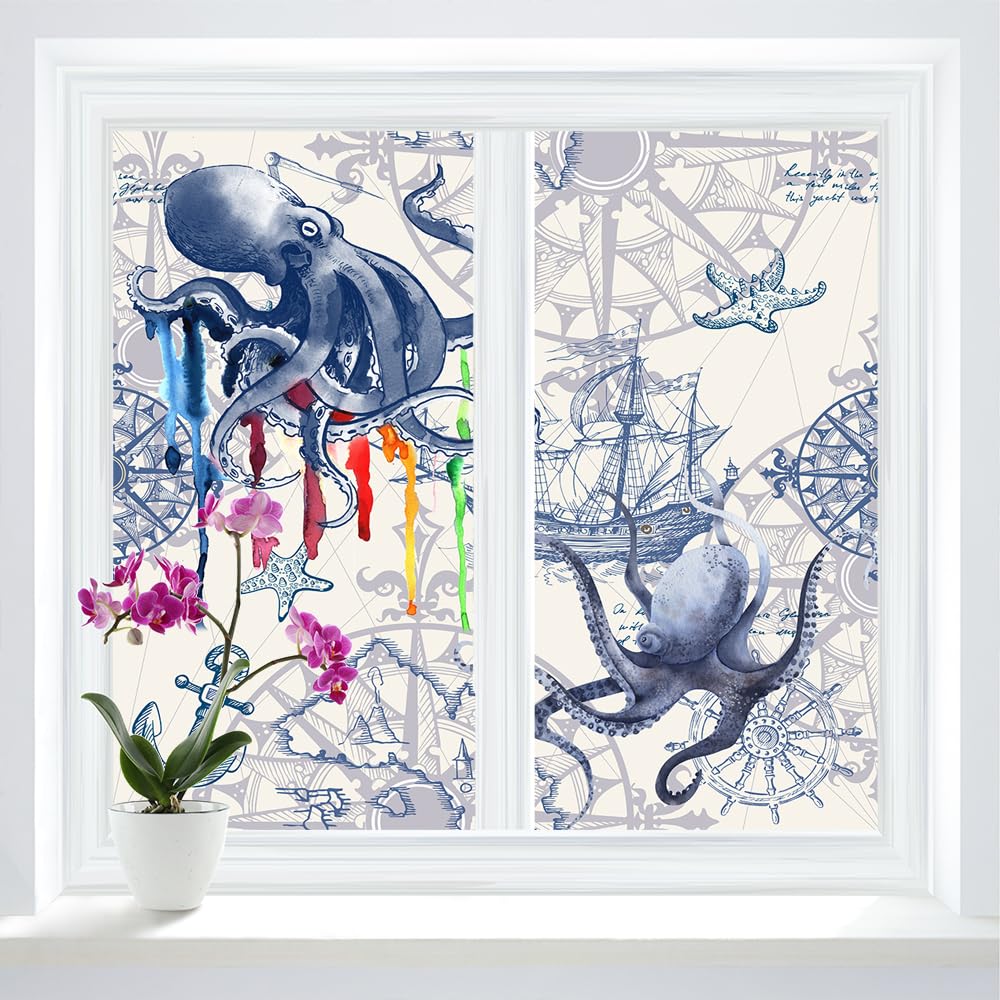 Brebasf Vintage Nautical Theme Octopus Window Privacy Film,Watercolor Ocean Animal Starfish Pirate Ship Compass Ship Anchor Stained Glass Window Film Decor Window Cling -17.7W x23.6L in x2Pcs