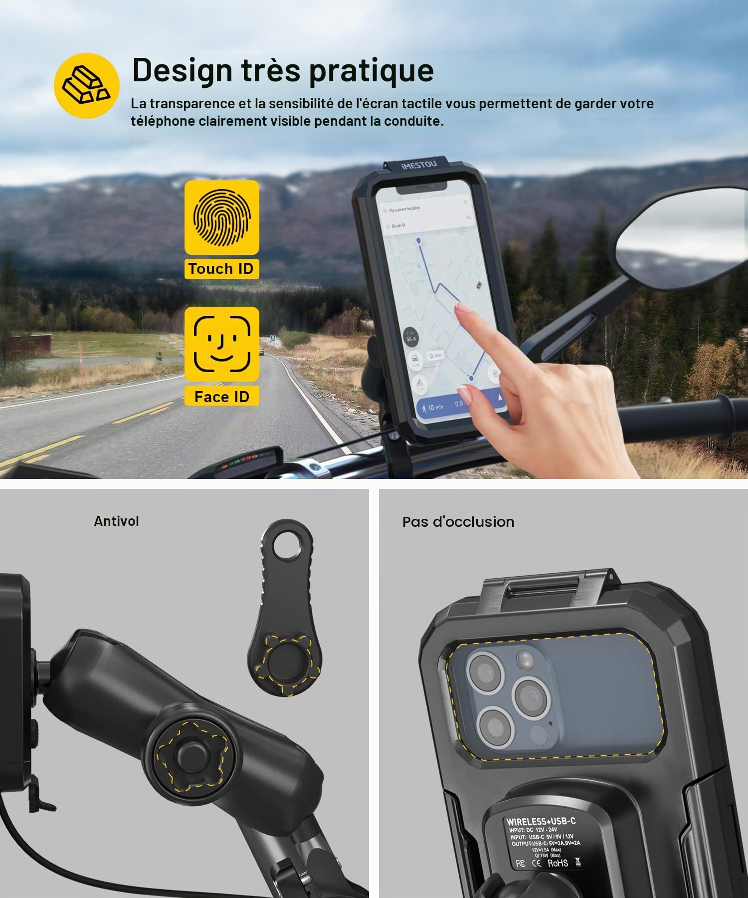 iMESTOU Support de Téléphone sans Fil étanche pour Moto, Chargeur sans Fil Qi/USB C Antivol sur Le Guidon Rotation à 360° pour Les Smartphones 5,5"-6,8" (Taille L)