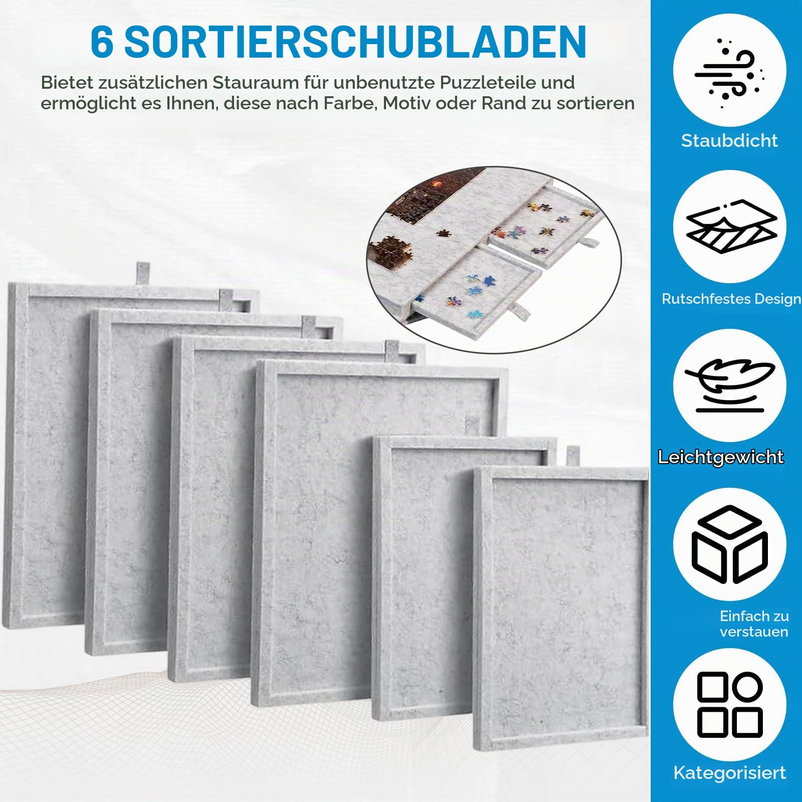 Kippbarer Puzzletisch,Tragbarer Puzzlebrett mit 6 Schubladen,Puzzle Board mit 2-in-1-Ständer und Abdeckung,Superleichtes Filz Puzzle Table,Jigsaw Puzzle Zubehör für bis zu 1000 Teile (Grau)