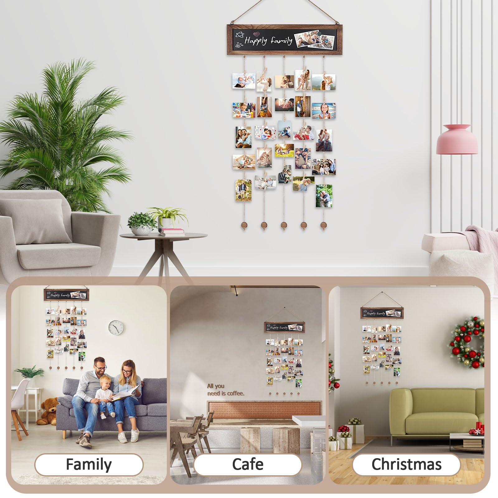 Porte Photo Mural avec 30 Clips en Bois, Tableau d'affichage Photo pour Décoration Maison