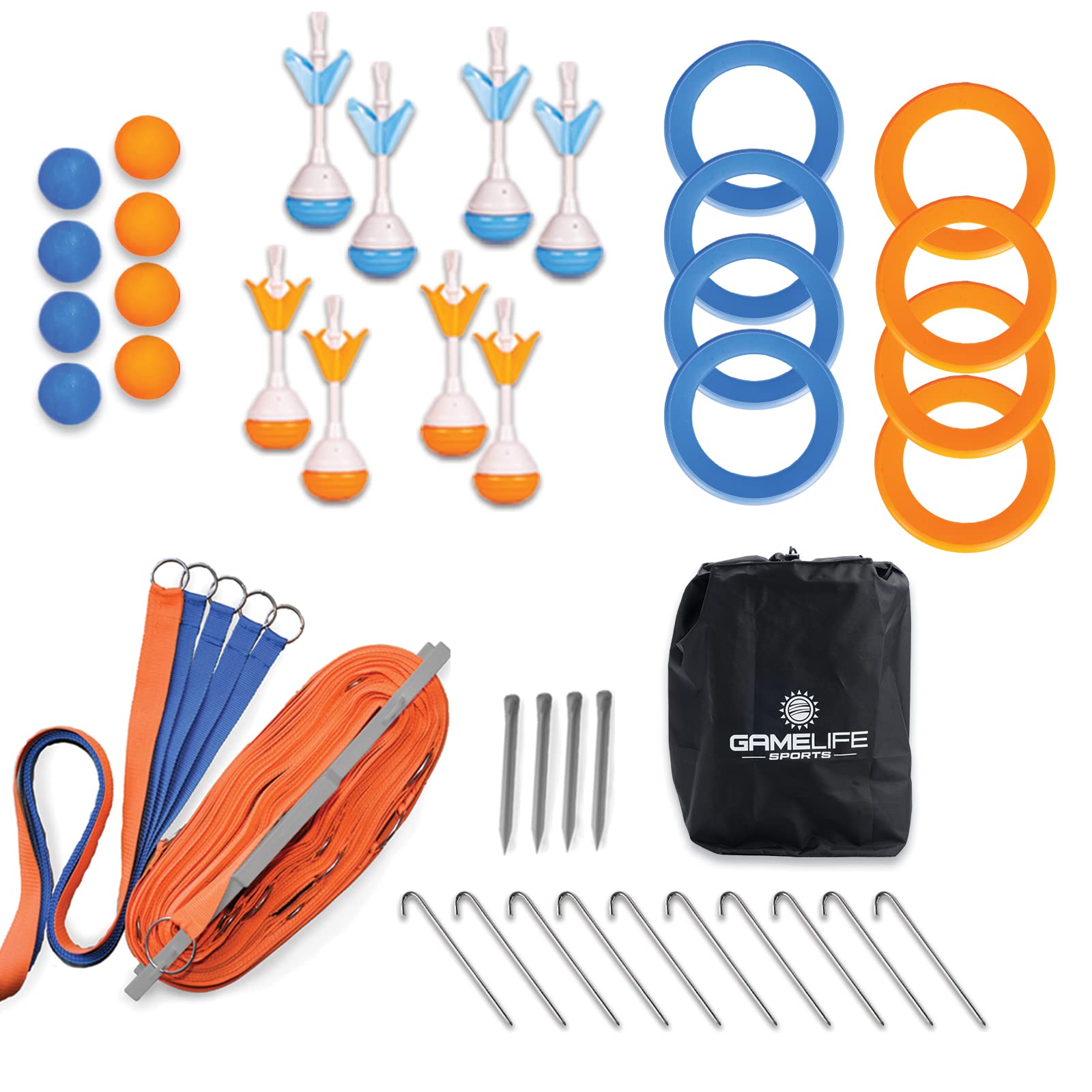 Outdoor Yard Game Premium Bocce Ball Set, up to 60 ft Nylon Court, 8 Bocce Balls, 8 Lawn Darts, 8 Flying Rings, Ground Stakes, Bag. Family Game, Teen, Boys & Girls 15 Years and Older