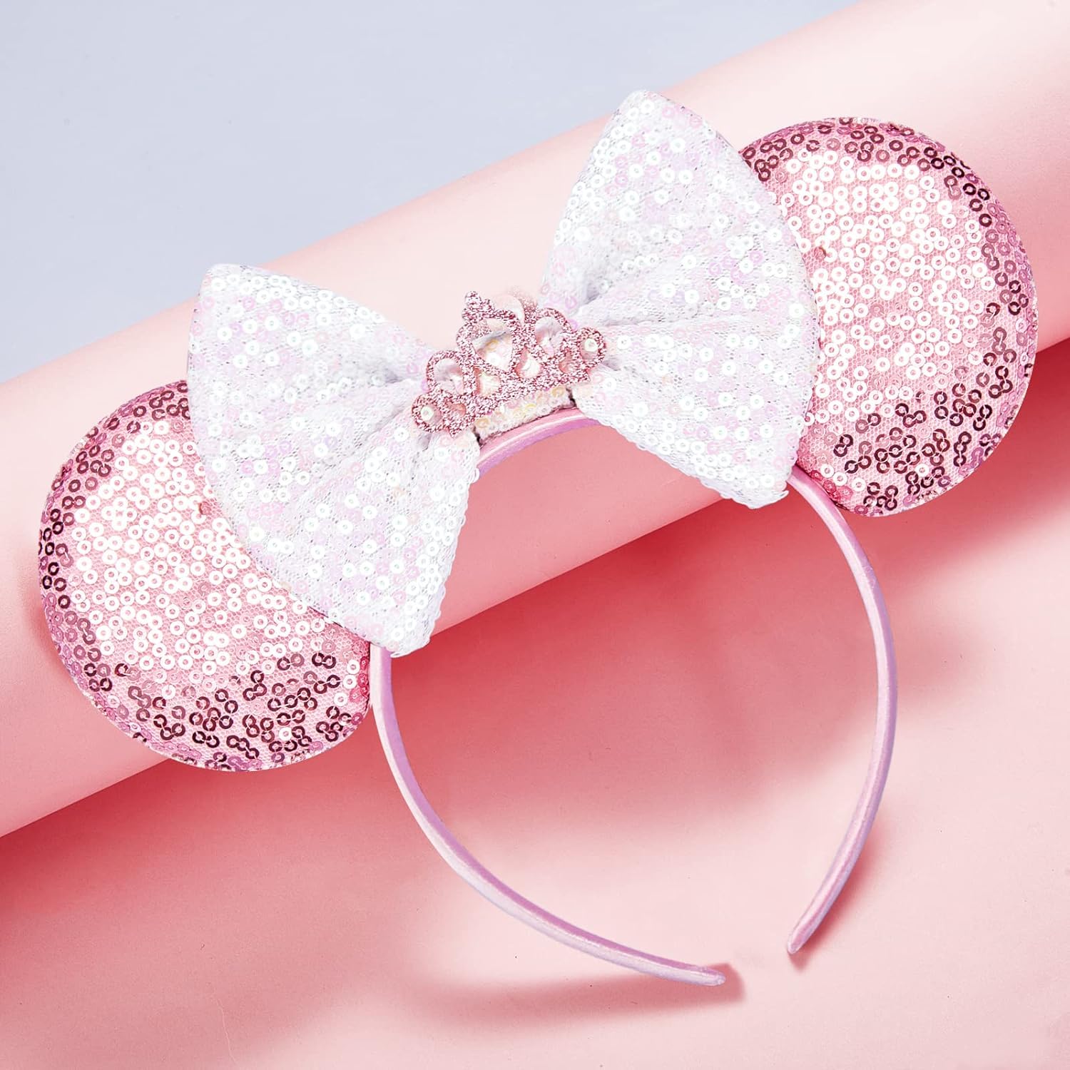 YUNISS Oreilles de Souris Bandeaux, Noeud à Paillettes Bandeaux pour Filles et Femmes (Rose - Couronne)