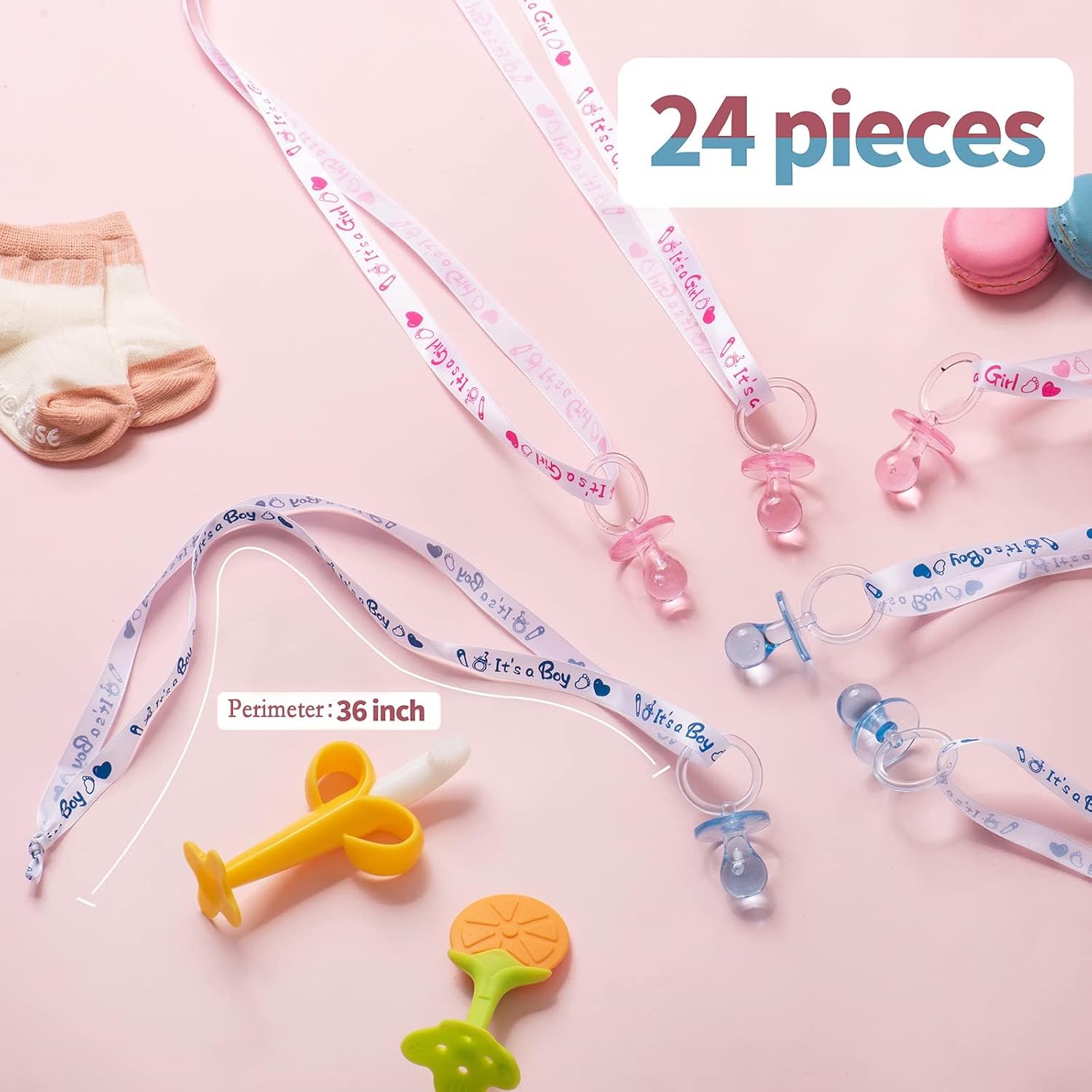 ZYFLSQ 24 Baby Shower Pacifiers Necklace, 30 Mini Acrylic Pacifiers Charm Gender Reveal Charm Party Favors Decorations (Pink and Blue) image 3