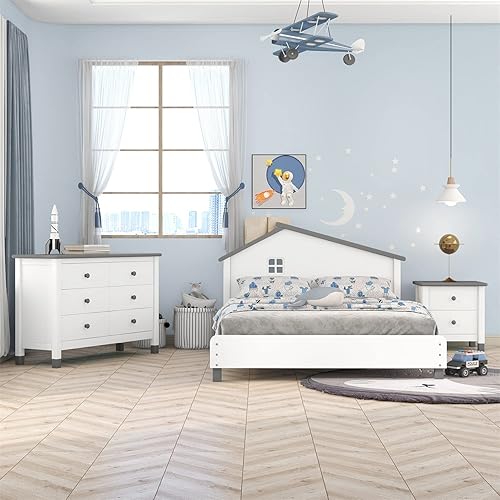 Miniatura 2 de i-POOK Cama de plataforma de tamaño individual con cabecera en forma de casa marco de cama de plataforma de madera maciza con soporte de 10 escamas