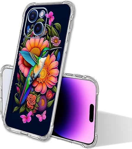 Miniatura 4 de Funda para iPhone 15 Plus, diseño de colibrí, mariposa, flores, protección contra caídas, a prueba de golpes, de poliuretano termoplástico,