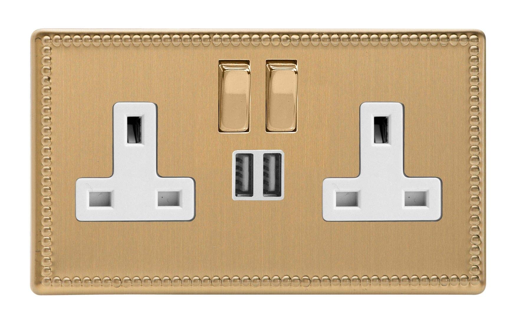 Varilight 2-Gang 13A Double Pole Switched Plug Socket with Metal Rockers + 2 5V DC 2100mA USB Charging Ports Brushed Brass XDY5U2SWS.JB