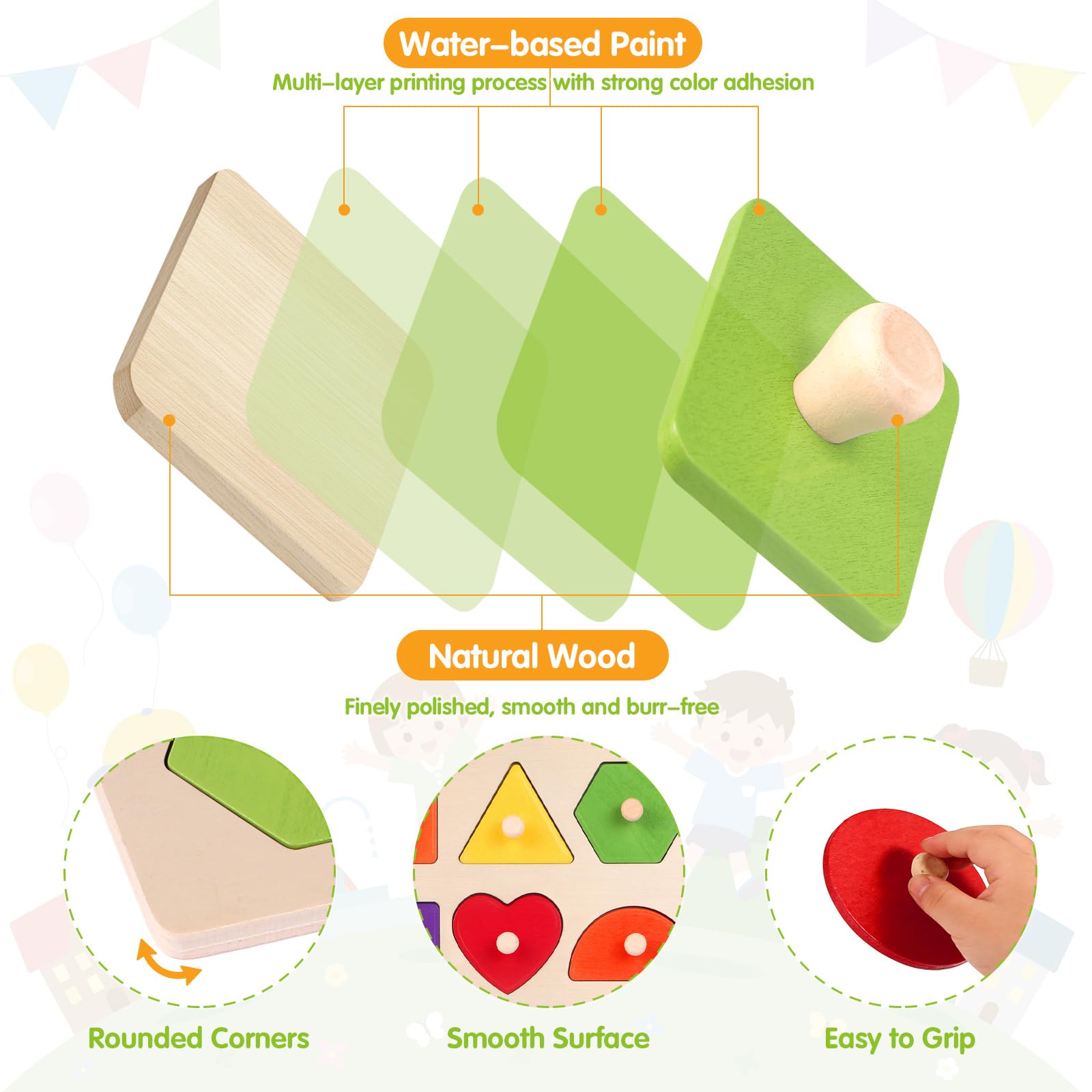 Montessori Holzpuzzle in Klammerform für Kleinkinder | Stabiles, leicht zu greifendes glattes Holzbrett, lustiges Lernspielzeug für Vorschule, Geschenke für Jungen und Mädchen