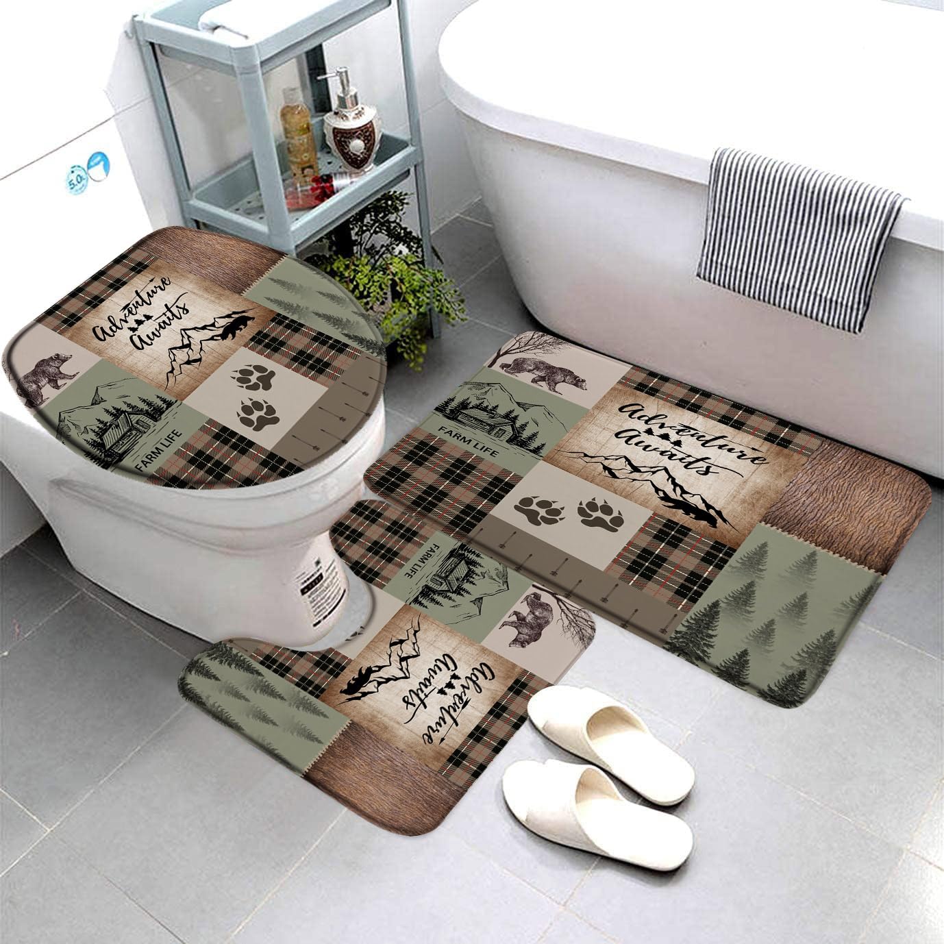 QWRSMYX 3 Pieces Set Bear Deer Plaid Bath Mat Rustic Cabin Brown Buffalo Check Elk Moose Wild Animal Pine Tree Forest Lodge Hunting Wildlife Bathroom Rugs Toilet Lid Cover Pedestal Rug U-Shaped