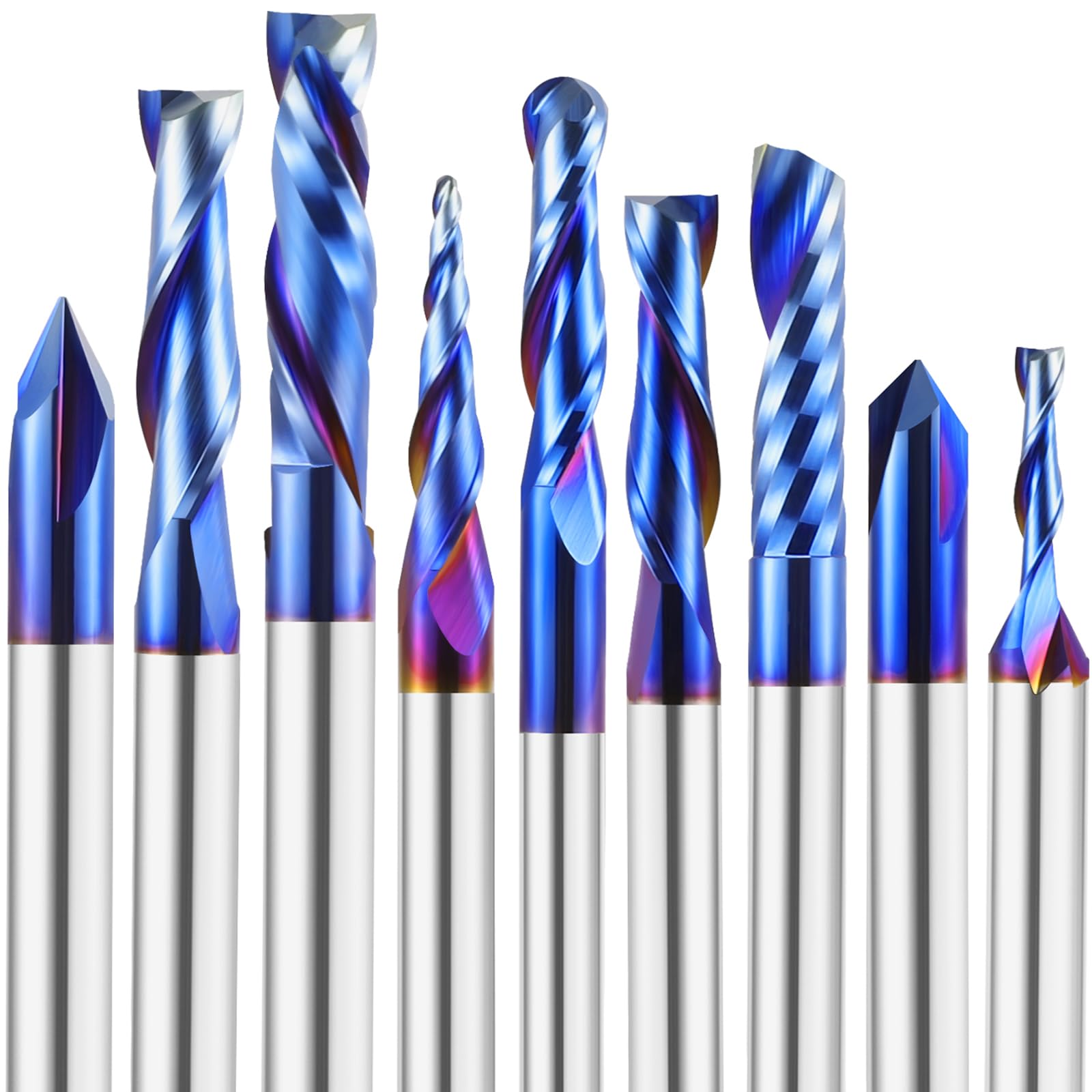 HQMaster 9 Pcs CNC Router Bits Set 1/4” Shank Tungsten Carbide Multiple Uses Router Bit End Mill for Woodworking Detail Carving Trimming V Groove Engraving Sign Making Grooving Slots and Mortises