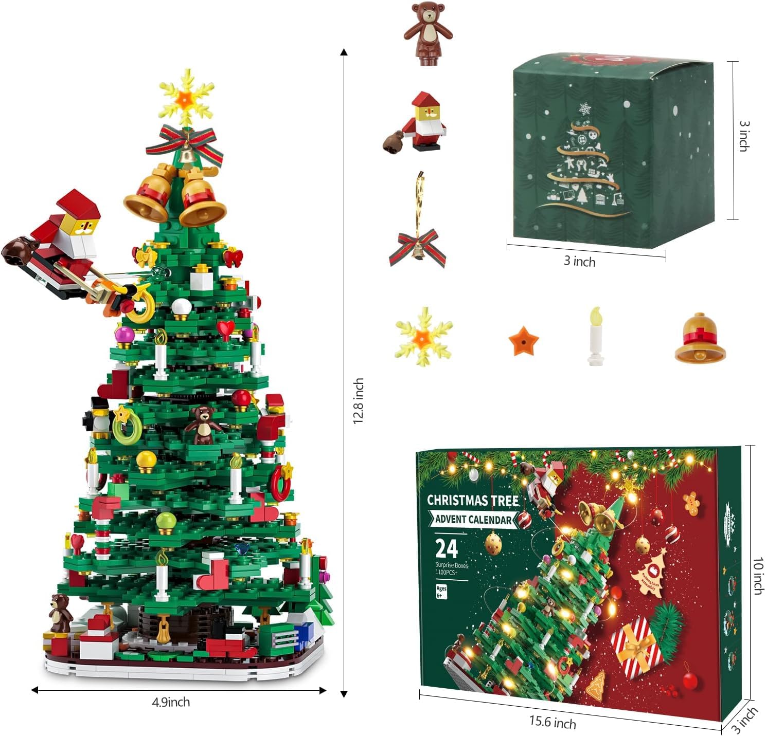 Adventskalender 2025 Kinder, Weihnachtsbaum Bauspielzeug mit LED Lichterkette, Weihnachtskalender 1100pcs+, Weihnachts Countdown Spielzeug, eine Box am Tag, Wohnzimmer Dekoration, Geschenk für Kinder