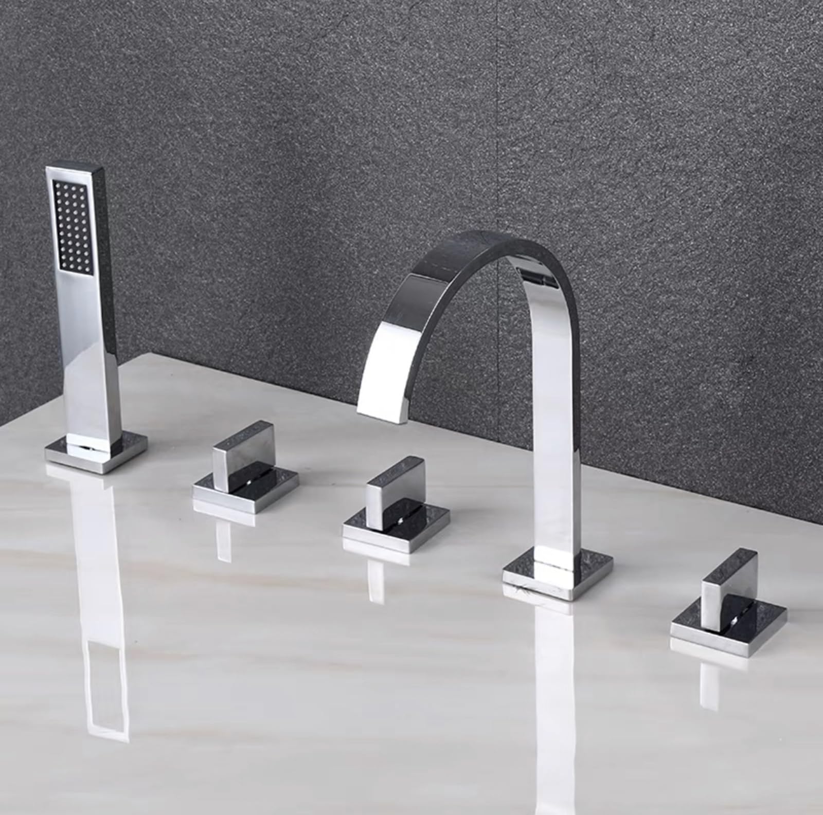 SnamicE Deck Mounted Bath Shower Mixer Black Waterfall Tap with Shower Double Lever Mixer Tap 4 Holes,Chrome