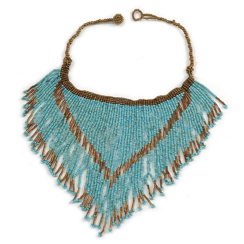 Statement Glass Bead Bib Style/Fringe Necklace in Light Blue/Bronze - 40cm Long/ 17cm Front Drop