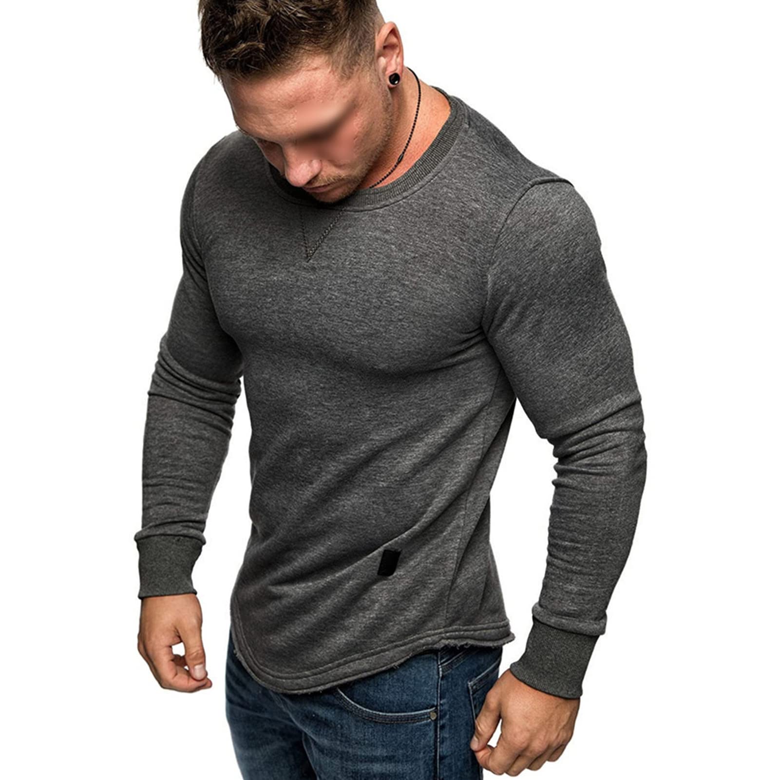 Men's Long Sleeve Muscle Fitted T-Shirt Gym Workout Athletic Stretch Shirts Crew Neck Bodybuilding Training Top (Dark Grey,X-Large)