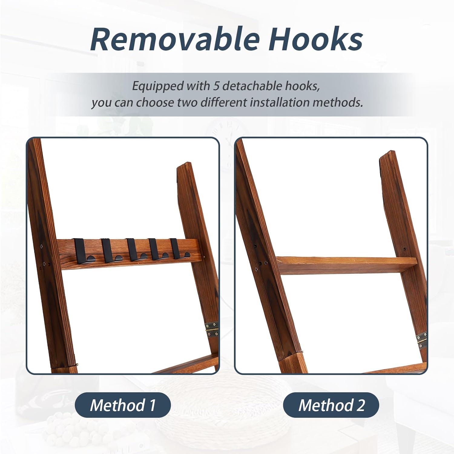 Wooden Blanket Ladder with Removable Hooks, 6-Tier 5.66 Ft (68 Inch) Rustic Blanket Rack, Blanket Ladders for Living Room & Bedroom, Easy Assembly, Perfect for Displaying Blankets & Scarves, Brown