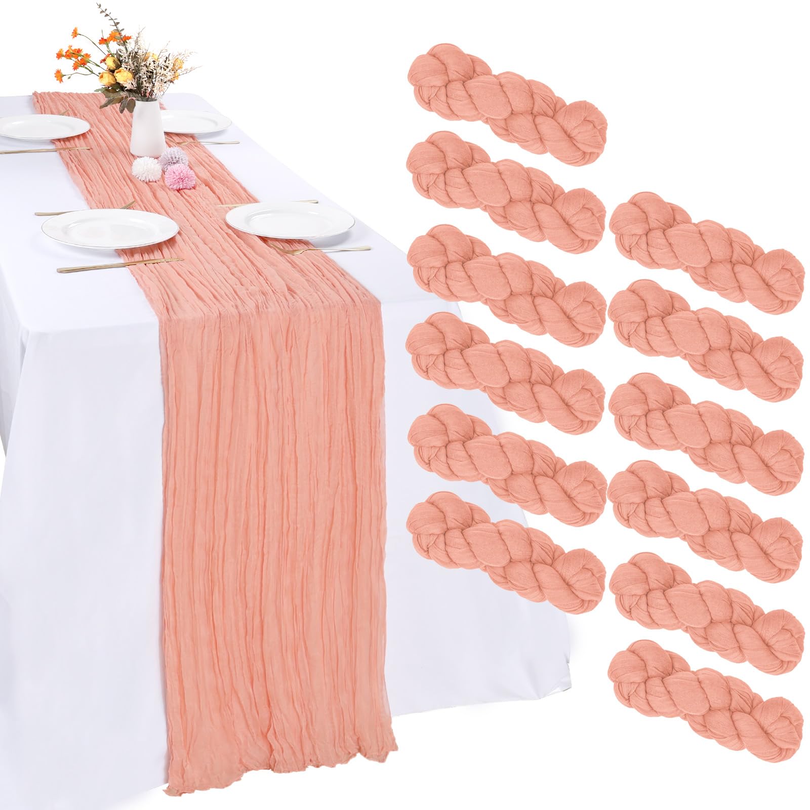 Seihtuch-Tischläufer, 3 m, Boho-Gaze-Stoff, rustikal, durchscheinend, für Hochzeit, Geburtstag, Babyparty, Party, Boho-Tischdekoration, Pfirsichfarben, 12 Stück