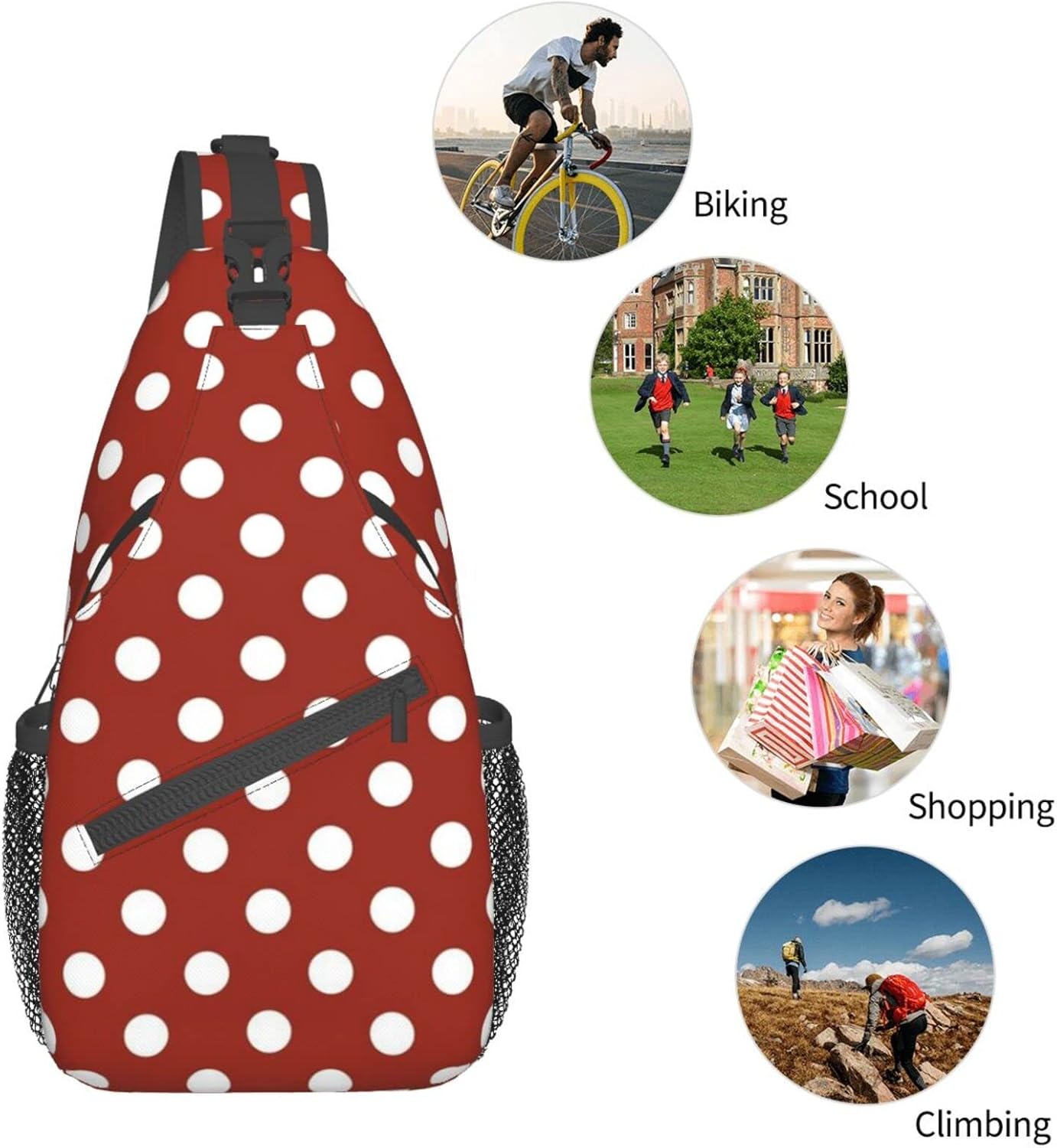 Cute Red White Polka Dot Sling Backpack,Travel Hiking Daypack Crossbody Shoulder Bag for Women Men - Image 7
