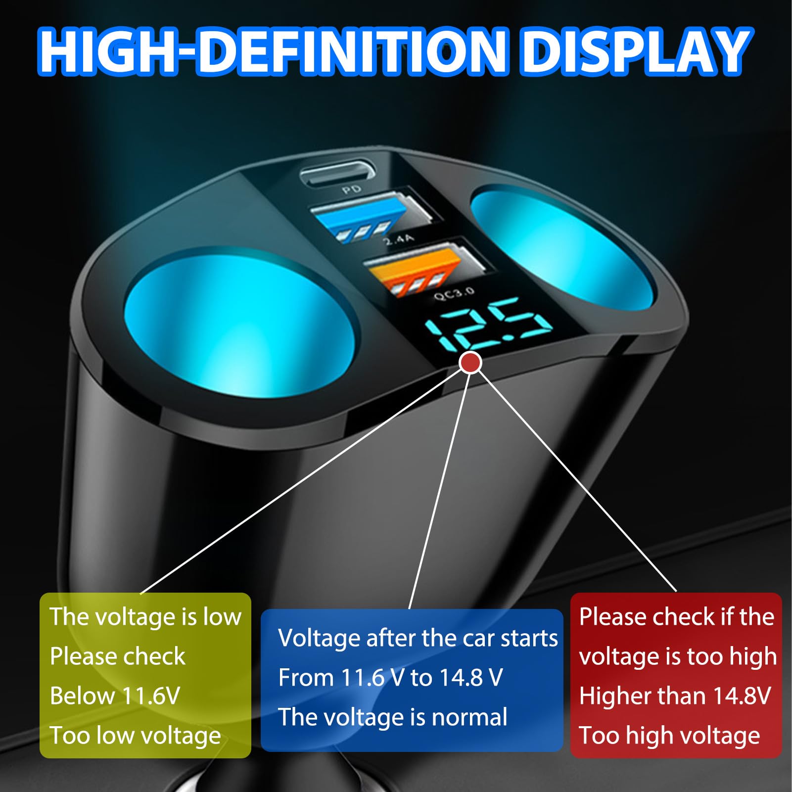 120W Car Cigarette Lighter Adapter, Dual USB QC3.0 & PD 12V/24V Multi Socket Car USB Charger Splitter Double Cigarette Lighter with LED Voltmeter Fast Charging for Phones GPS Dashcam Vehicle Devices — view 6