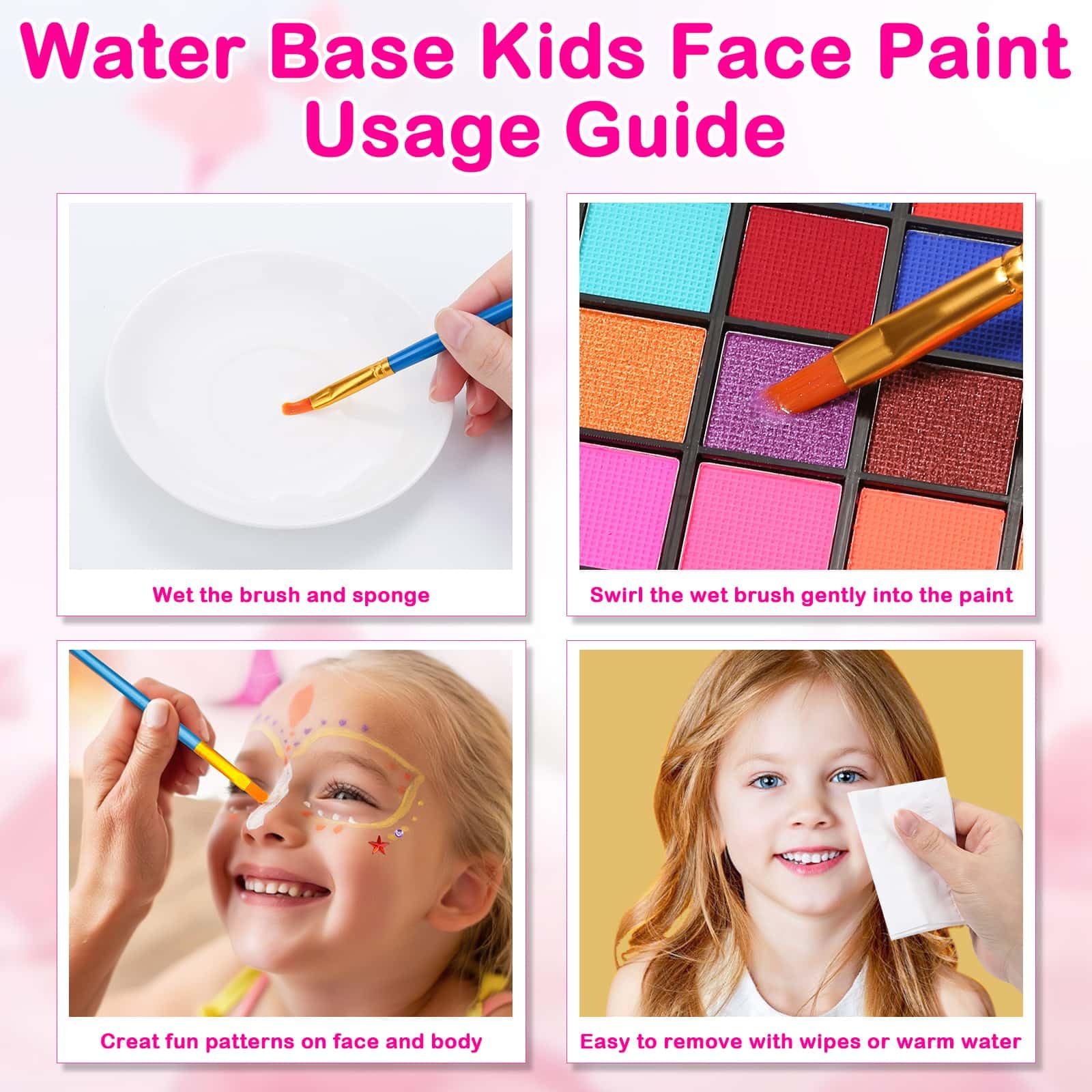 Kit profesional de pintura facial para niños y adultos, kit de maquillaje de cosplay activado por agua de 54 colores, pintura corporal no tóxica con plantillas, gemas, pinceles, para Halloween 6