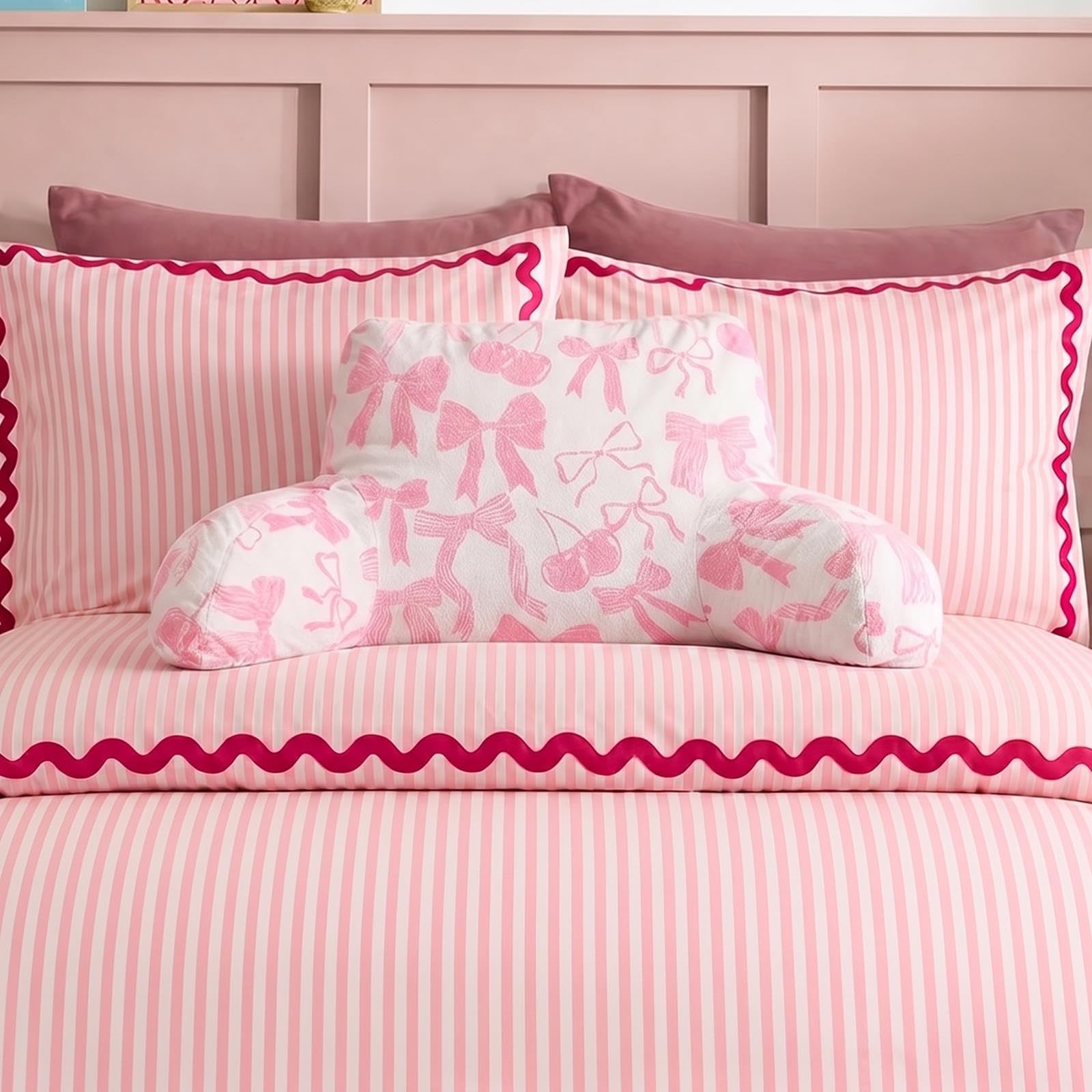 OHS Bow Print Cuddle Cushion, Fleece Back Cushion with Arms, Pink/Ivory