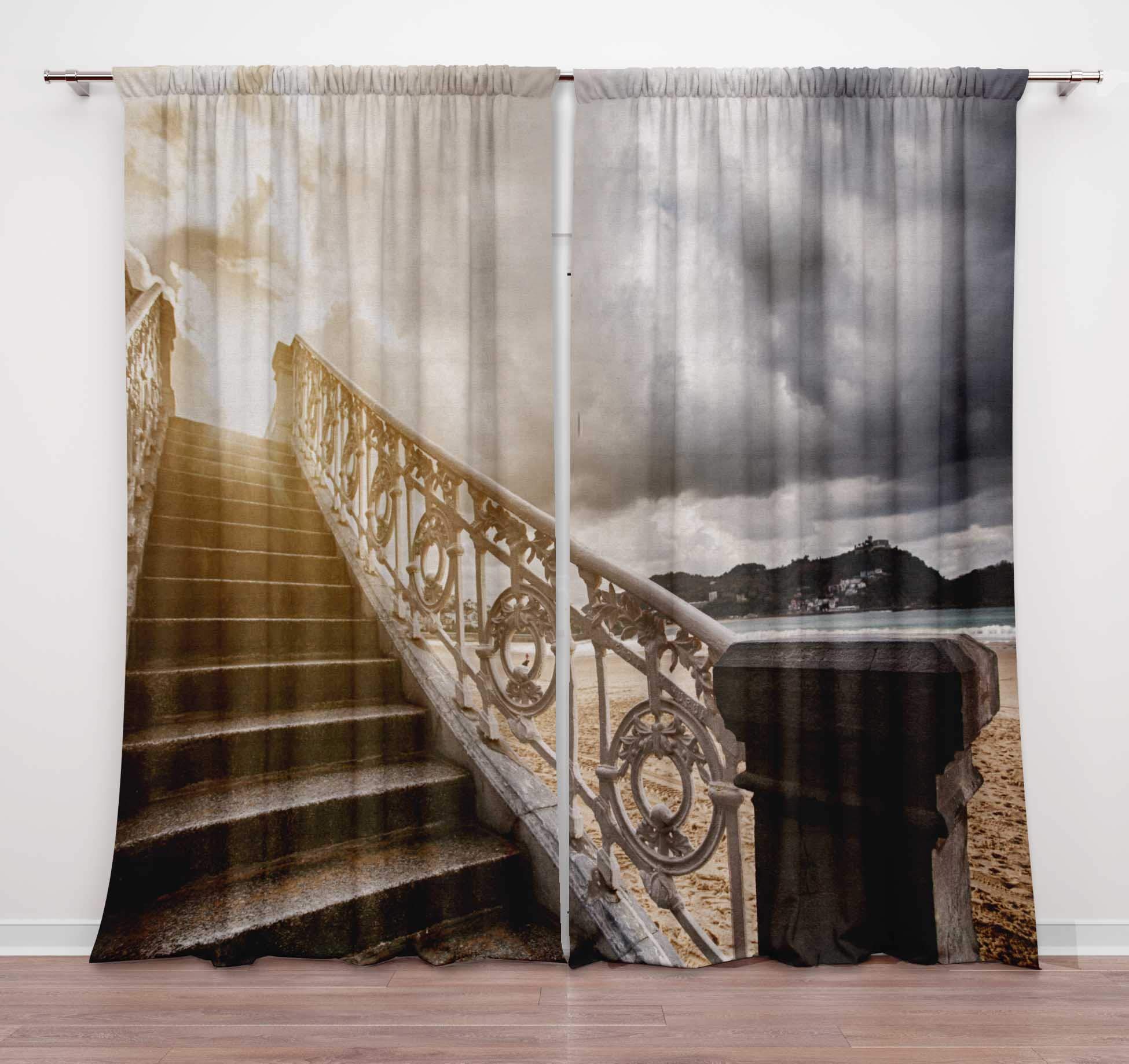 Timingila Gray Open Stairs & Clouds Vintage Window Curtain For Living Room Printed Rod Pocket Door Curtains 2 Panel Drapes- 54 X 90 Inches