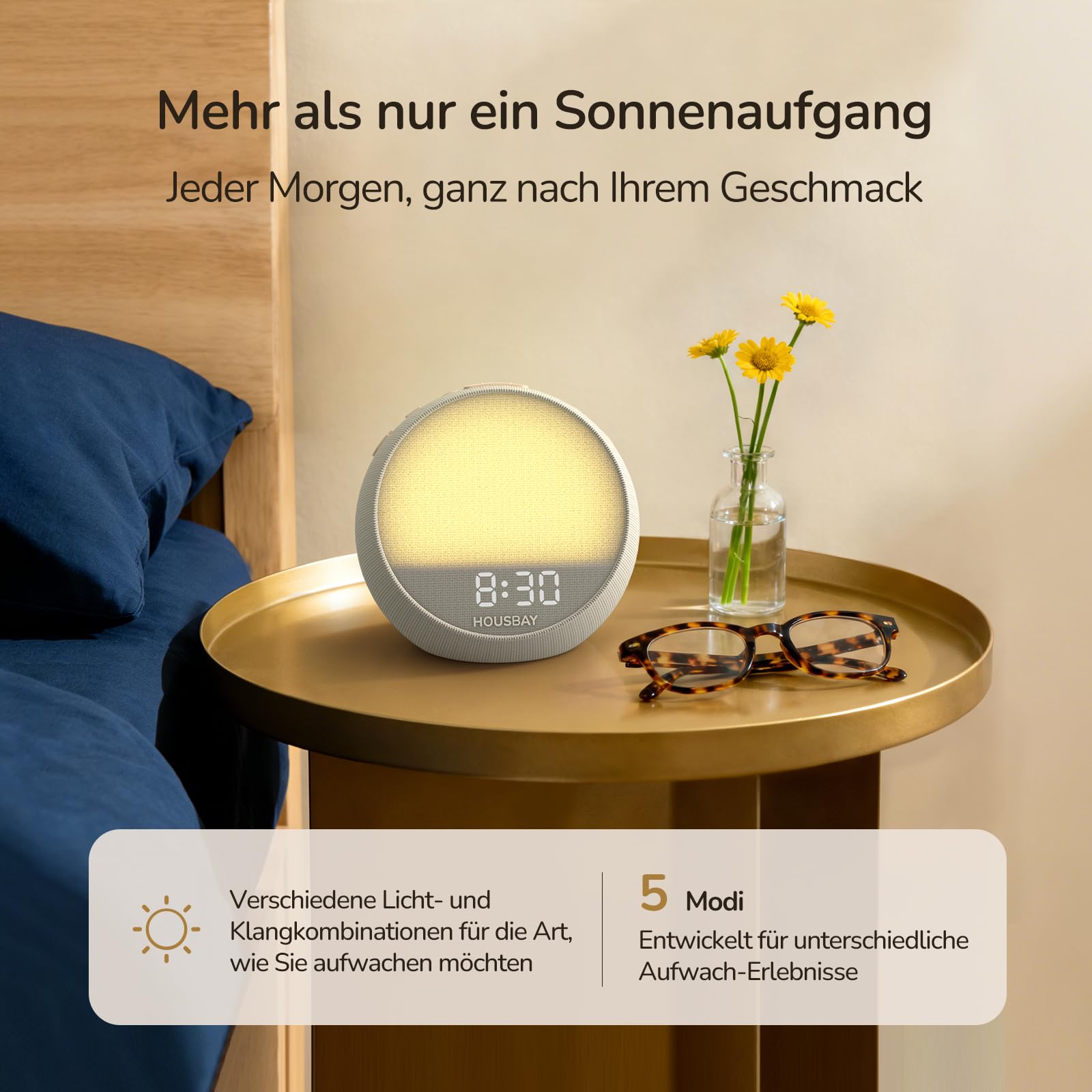 HOUSBAY Mini réveil lumineux avec lever du soleil, 21 White Noise, Putty