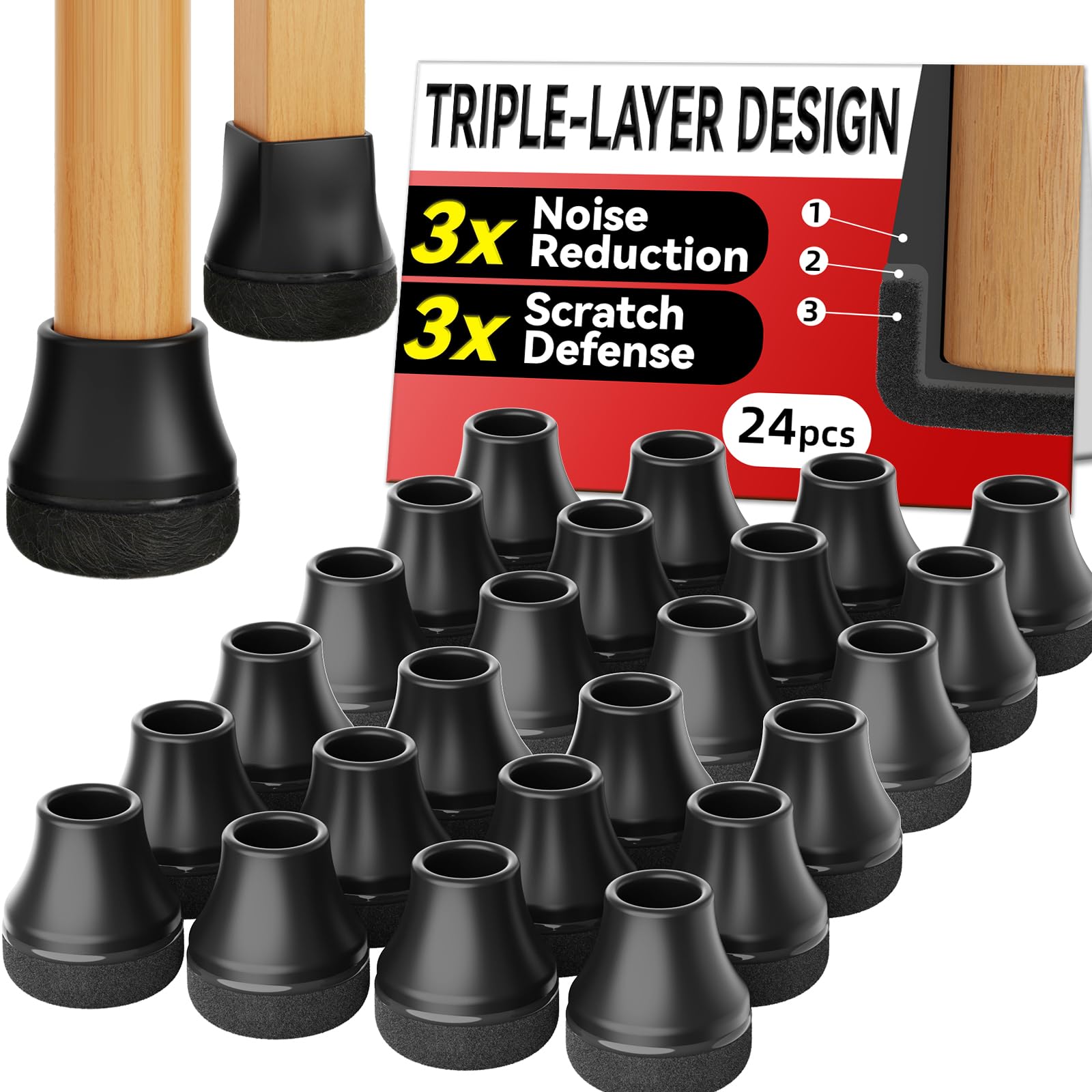 Chair Leg Floor Protectors for Hardwood Floors, Triple-Layer Design Silicone Chair Leg Caps, 3X Noise Reduction & 3X Anti-Scratch, Premium Durable