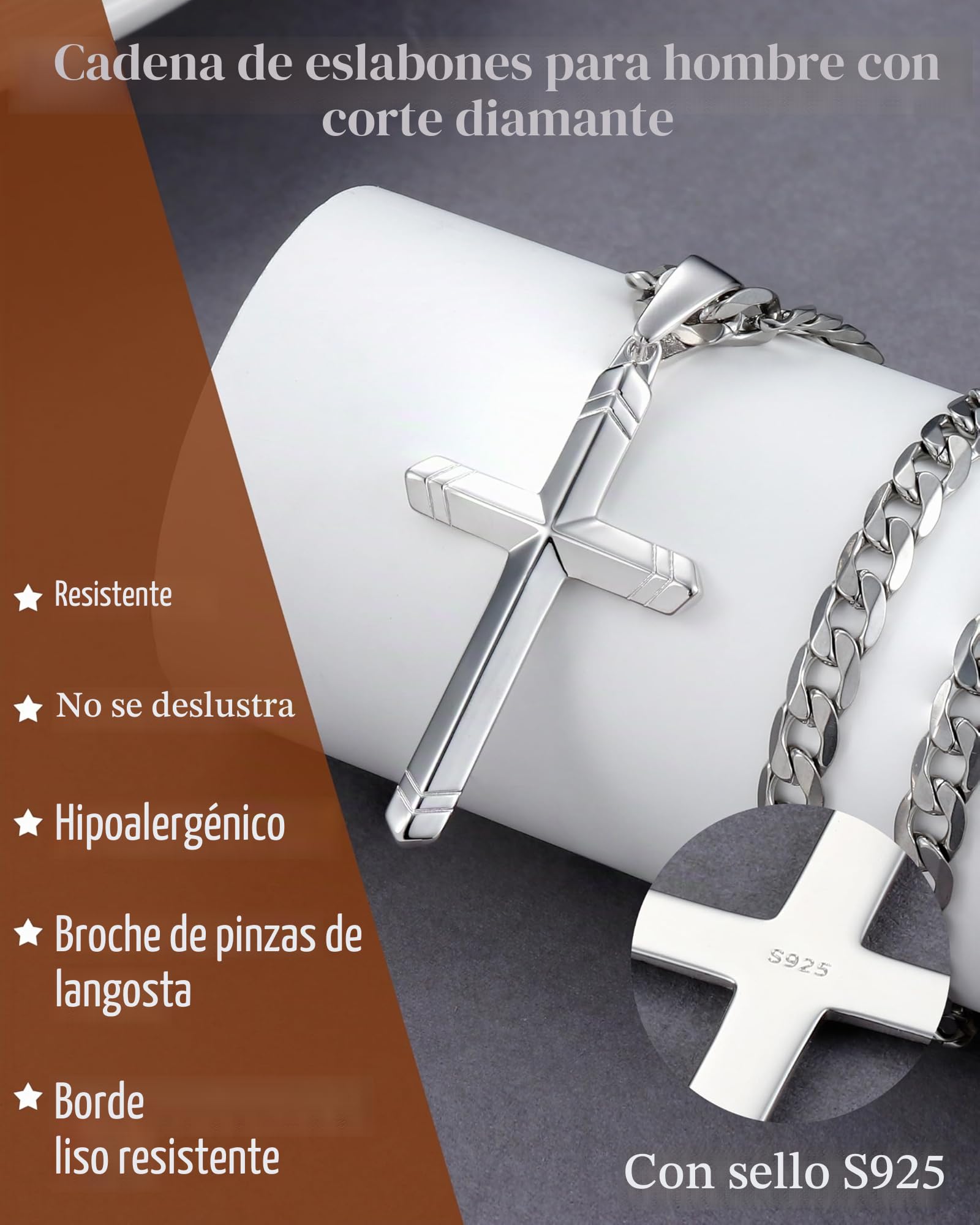 FIOROYAL Collar Cruz Plata Hombre 925 Colgantes Cruz Hombre Mujer 5MM Cubano Cadena Collar Hombre Acero Inoxidable Cross Cadenas Plata Hombre 16-30 Pulgada
