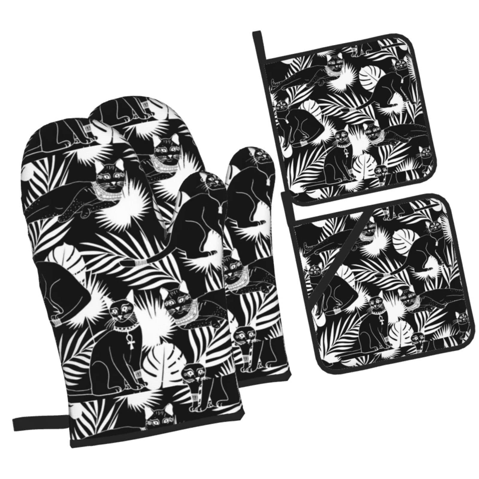 Egyptian Cats Black White Oven Mitts and Pot Holders Sets, Christmas Oven Mitt Kitchen Heat Resistant Non-Slip Pot Holders Set for Cooking Baking BBQ