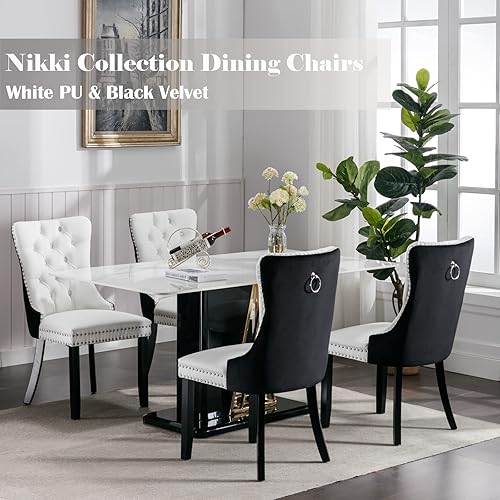 Miniatura 113 de Juego de 4 sillas de comedor de terciopelo beige, sillas de comedor tapizadas con adorno de tirador de anillo trasero y patas de madera maciza,