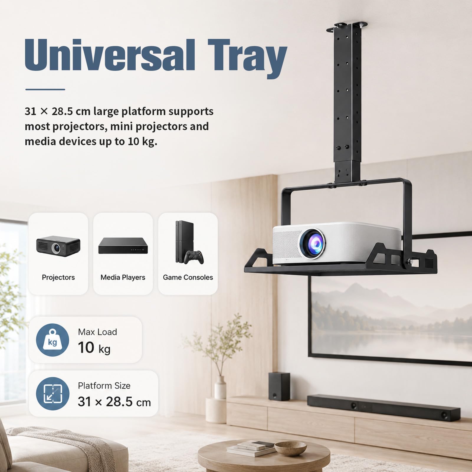 Beamer Halterung Decke Höhenverstellbar, Universal Beamer Deckenhalterung mit Kabelmanagement, Projektor Halterung Decke Tragkraft 10kg für Heimkino Büro Schule Schwarz