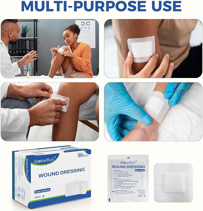 Vendaje de gasa con borde adhesivo Island, 4" x 4", 50 unidades individualmente empaquetadas, almohadilla no adherente en el centro, gasa médica suave y absorbente para curación de heridas y primeros auxilios miniatura 7