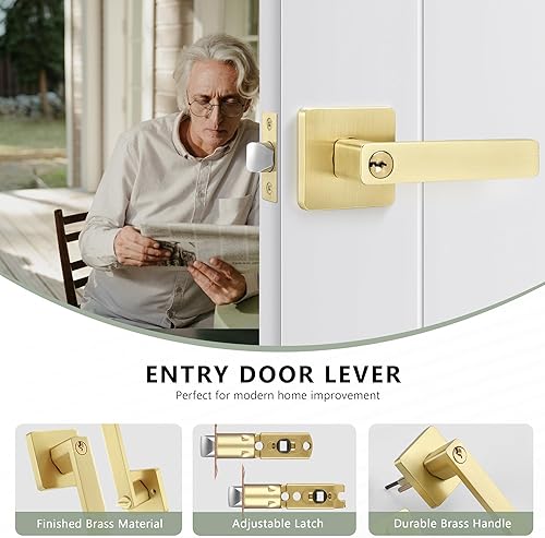 Miniatura 4 de Paquete de 4 manijas de puerta de entrada, manijas de puerta doradas con igual llave, pomos de puerta de latón para dormitorios, baños y otras