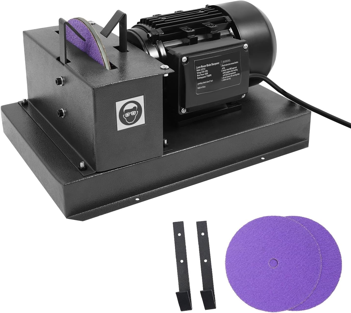 2/3HP 500W Lawn Mower Blade Sharpener with Brackets,Heavy-Duty Steel Blade Bench Grinder with 7-inch Ceramic Grinding Wheel & 60 Grit Sandpaper for Various Lawn Mower Blades,1700RPM