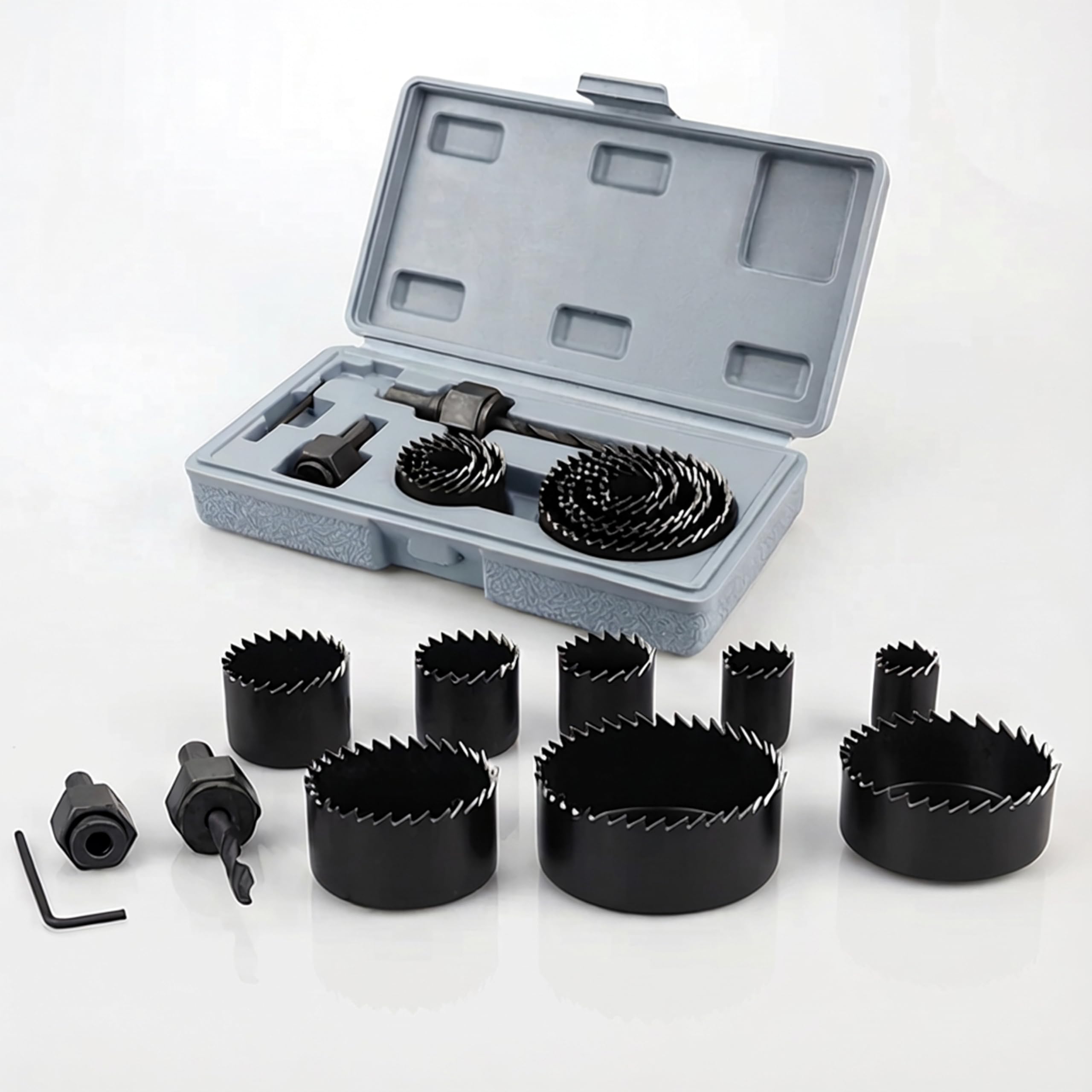11 PCS Carbon Steel Hole Saw Drill Bit Circular Core Cutter Set Works With Wood, Plywood Door Holes, Plastic PVC Pipes, MDF & Veneer Boards, Light Aluminium Metal For Round Core Cutting & Drilling