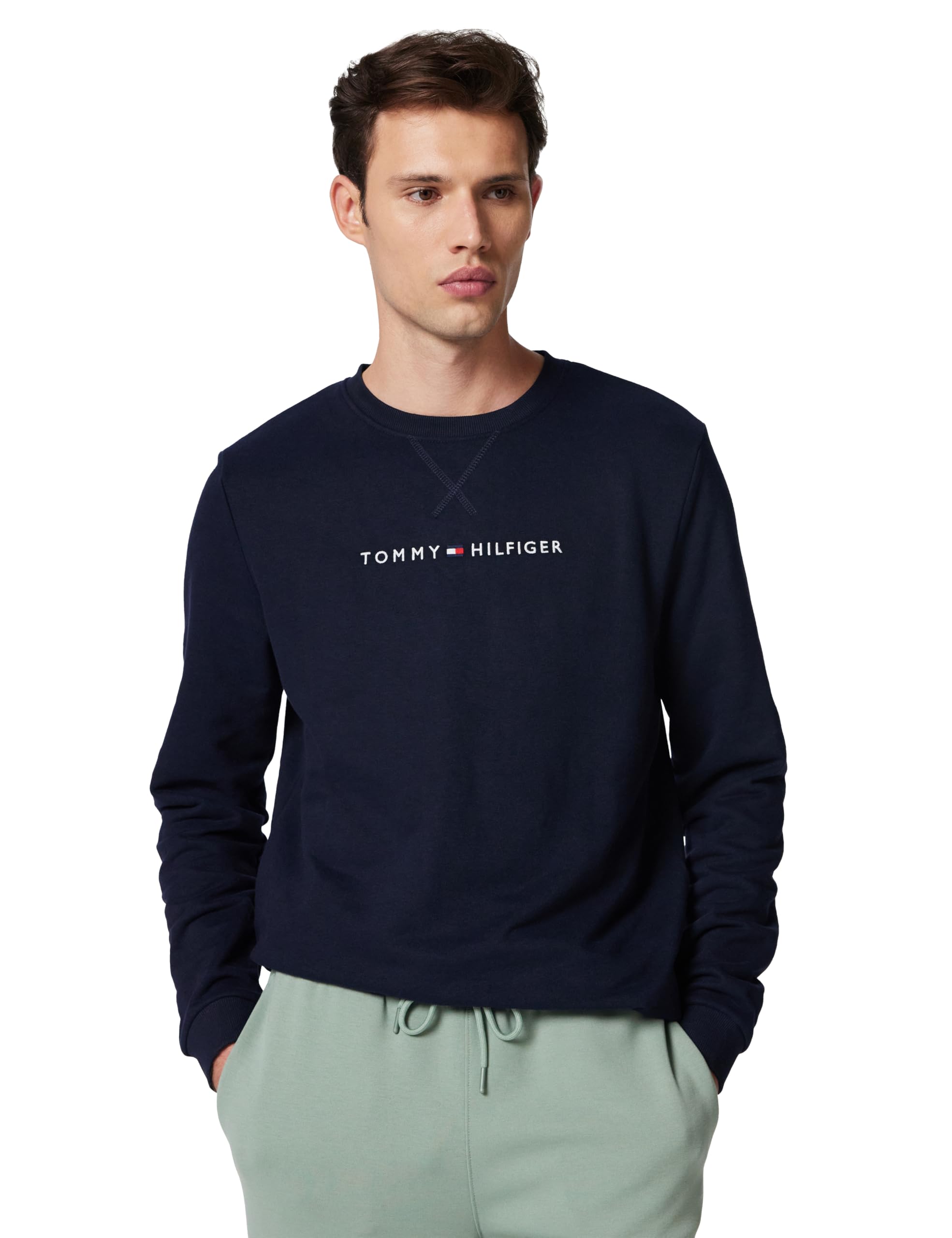 Tommy Hilfiger Linear Logo Loungewear Sweatshirt- Navy, Navy, Size Xl, Men