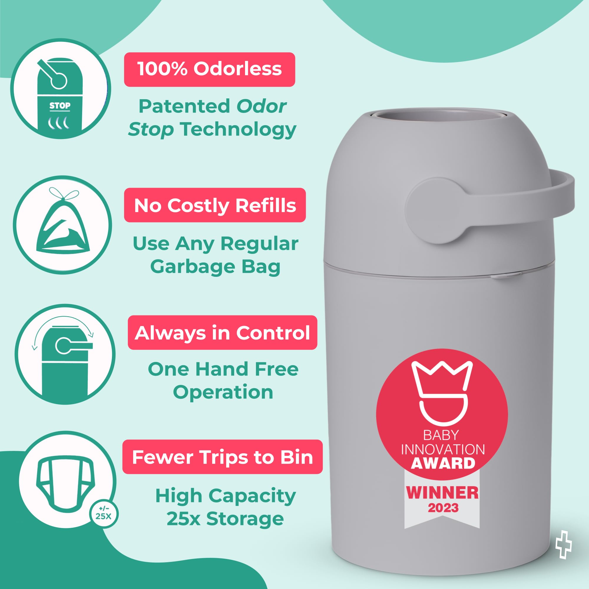 Magic Cubo de pañales para bebé, sistema patentado antiolor, utilizar cualquier bolsa de basura, palanca de una sola mano, 4 rollos de bolsas incluidas (hormigón)