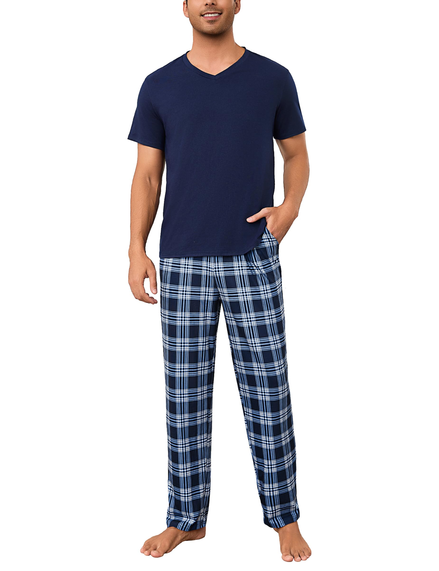 Bresdk Pijama Hombre Invierno Algodón Conjunto de Pijamas Manga Corta Tops con Largos Pantalones a Cuadros Ropa de Dormir con Bolsillos y Cordón S-3XL