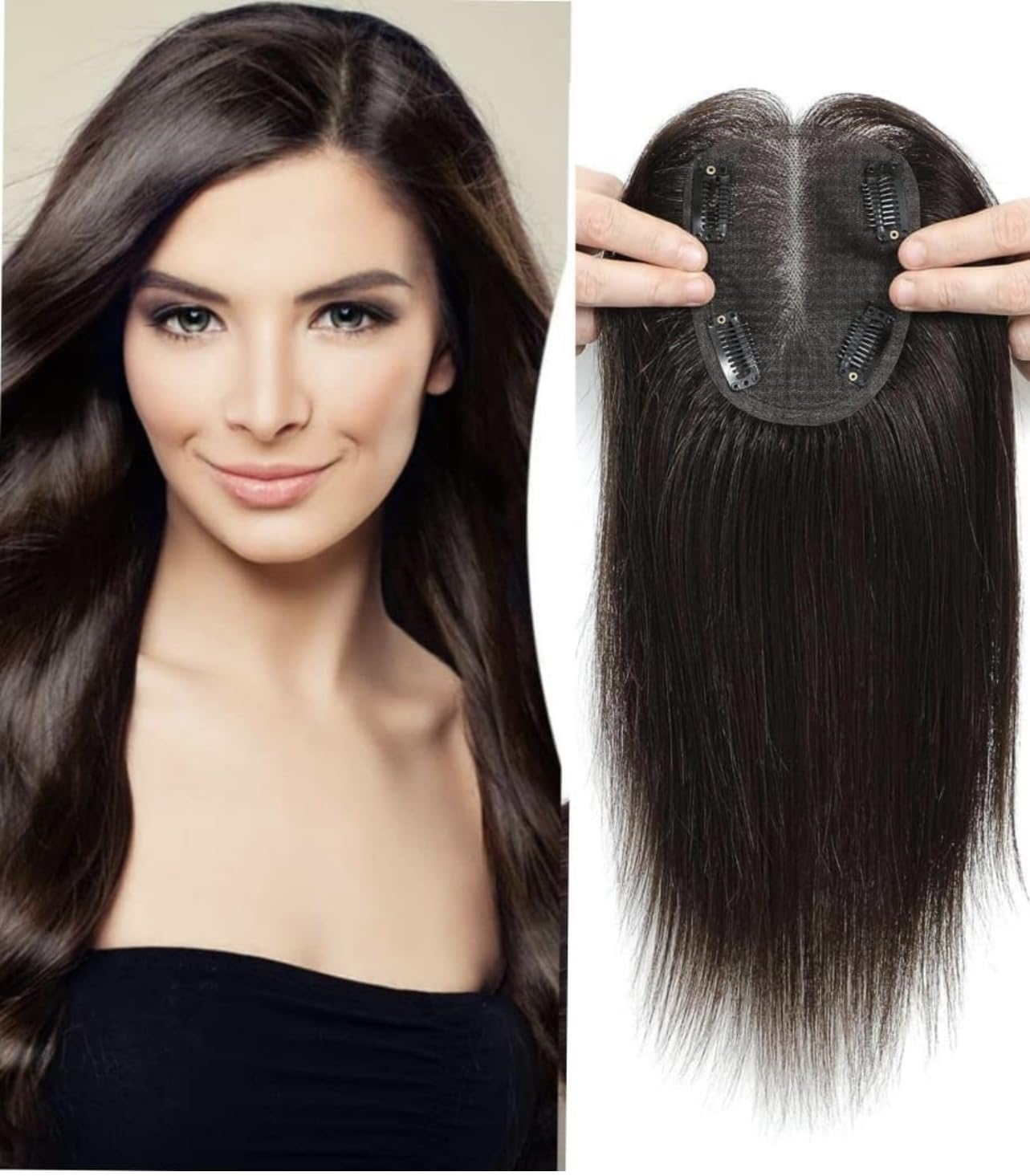 16" Silk Base Hair Topper for Women, 4x4 Inch, 5 Clip-in, Heat-Resistant, Natural Brown and Black, Perfect for Thinning Hair, Scalp Coverage, and Volume Boost (BROWN, 16 INCH)