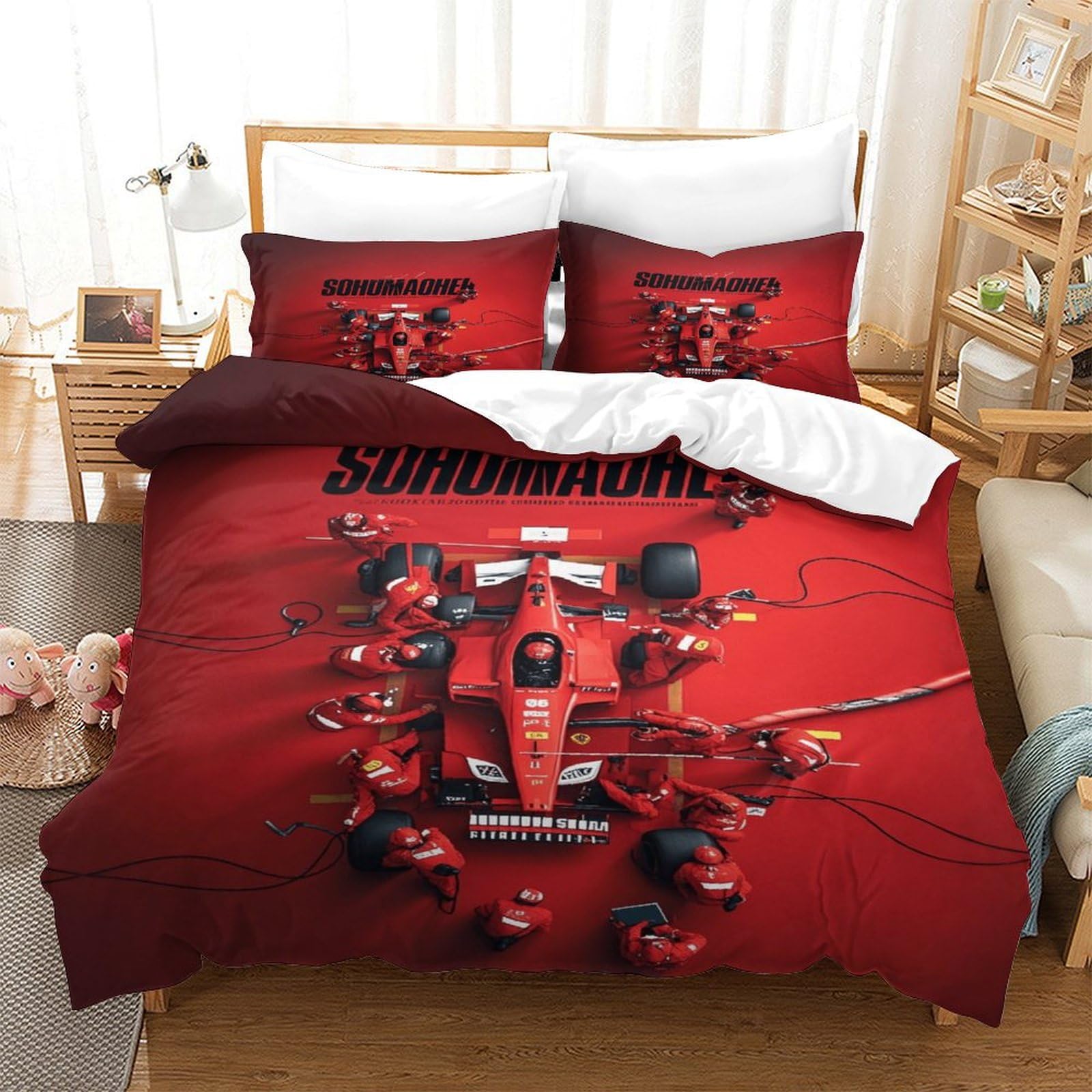 LILIlaobiao 3D Printed Ferrariii Bedding Set 3 Pcs Comforter Cover with Hidden Zipper Formula racing Pattern Quilt Cover Microfiber Duvet Cover with Pillowcase Double（200x200cm）