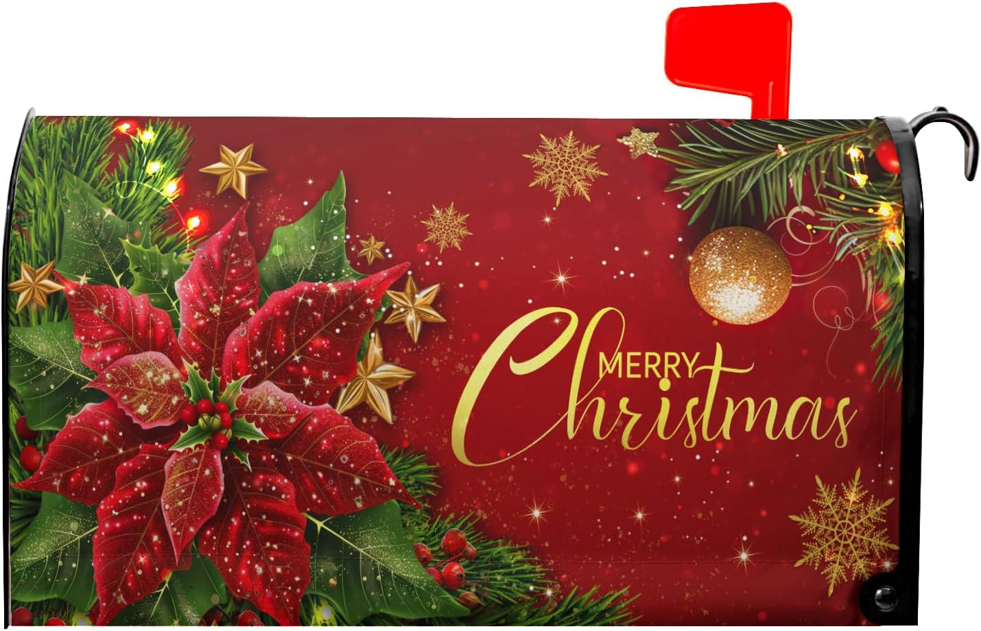 Kawani Merry Christmas Red and Gold Mailbox Covers Magnetic Red Poinsettia Outdoor Mailbox Cover Standard Size 18 X 21 Christmas Holiday Mailbox Wrap Post Letter Box Cover Decor for Home Garden Yard